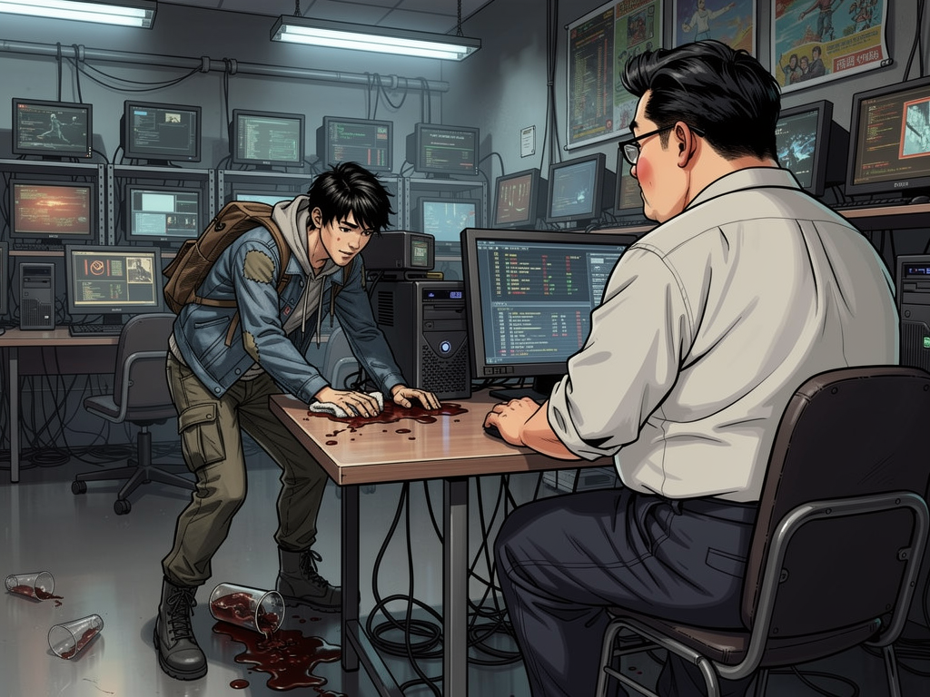 赵明的夏天 — page 2 panel 1: 赵明第一天上班,笨拙地擦拭着电脑桌,不小心打翻了饮料,老板在旁边无奈地看着。