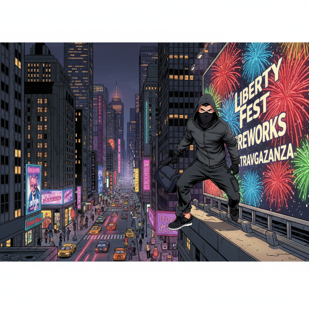 Crimson Comet: Harbor Heist — page 2 panel 1: The thief spots a massive fireworks billboard, a desperate gamble for escape. He braces himself, ready to crash through, hoping to lose Comet in the explosion of light.