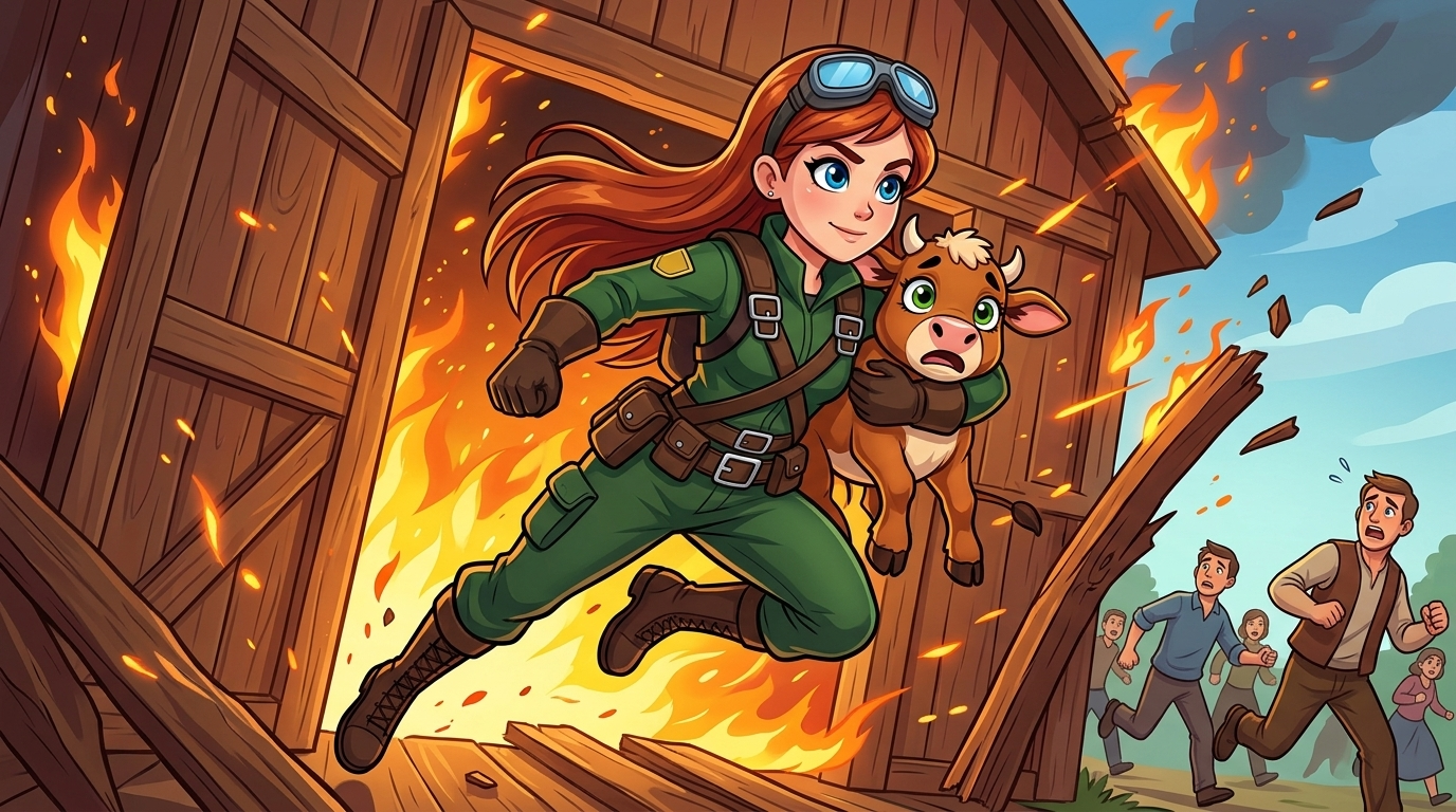 Skye the Sky-Rider: Barn Fire — page 2 panel 1: With the calf cradled in her arms, Skye leaps through a gaping hole in the barn wall, just as the structure groans and begins to collapse.