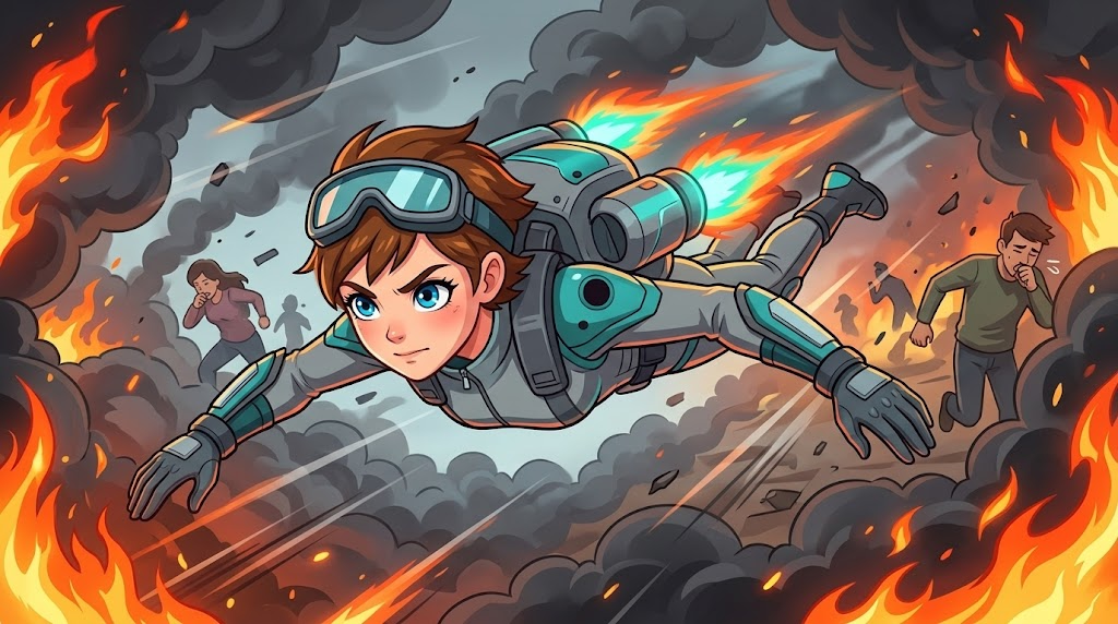 Skye the Sky-Rider — page 2 panel 1: Without hesitation, Skye activates her jetpack, diving steeply and swiftly through the dense, acrid smoke towards the burning barn. Her resolve is set.