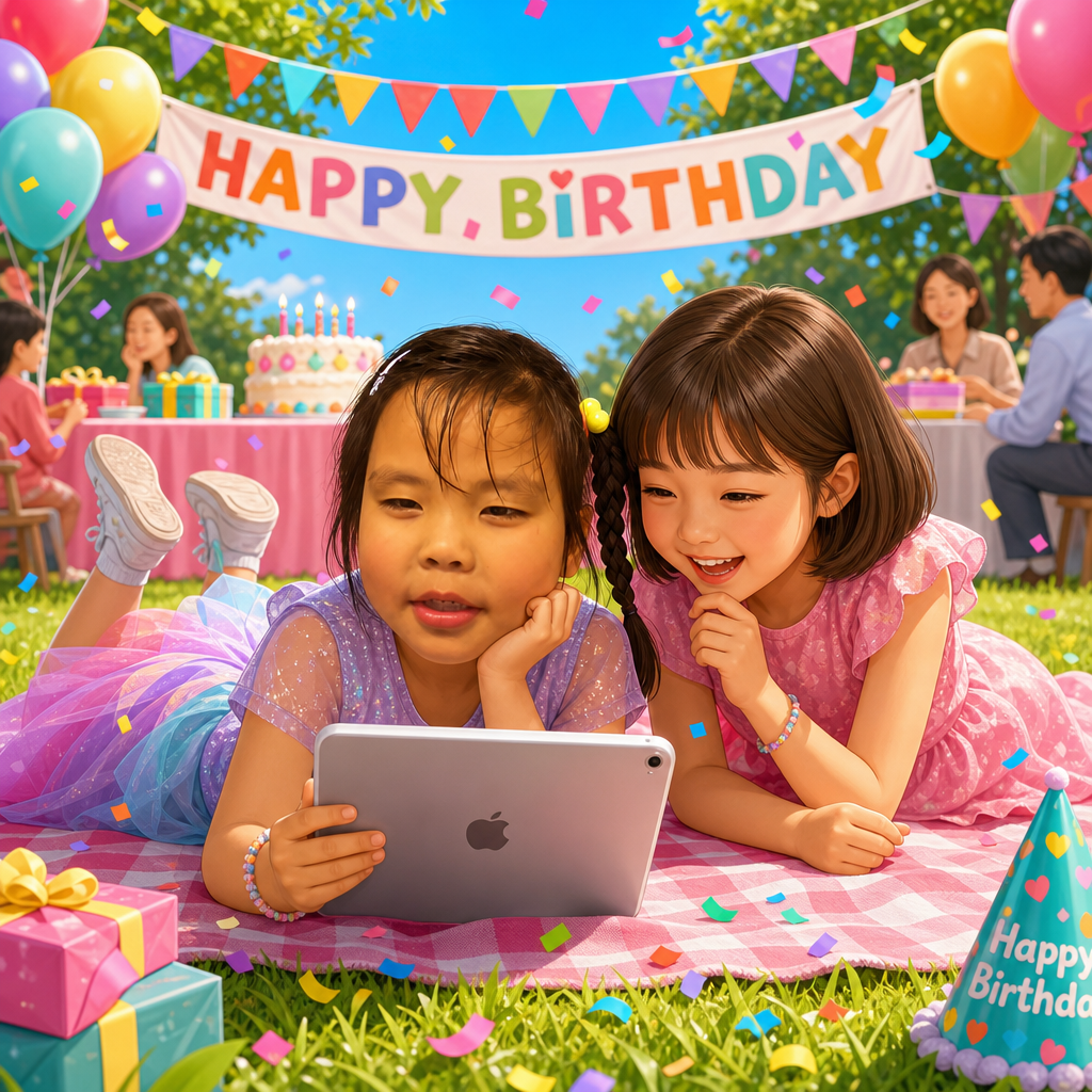 Xinyan's Magical Birthday Wish — page 2 panel 1: Xinyan's wish has fully manifested! She is comfortably lying on a vibrant patch of grass, engrossed in a movie on her iPad. Beside her, a cheerful, unnamed friend giggles, sharing the moment. Confetti from the party drifts gently around them, completing the scene of pure, unadulterated happiness and friendship.