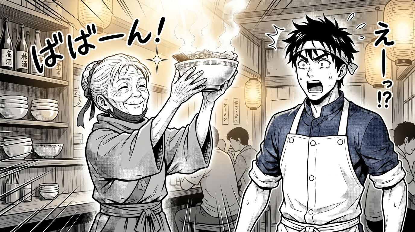 The Chopstick Duel — page 2 panel 1: The stranger wins the duel, grabs the bowl, and pulls down her mask to reveal herself as Kenji's grandmother, smiling triumphantly while Kenji looks on in shock.