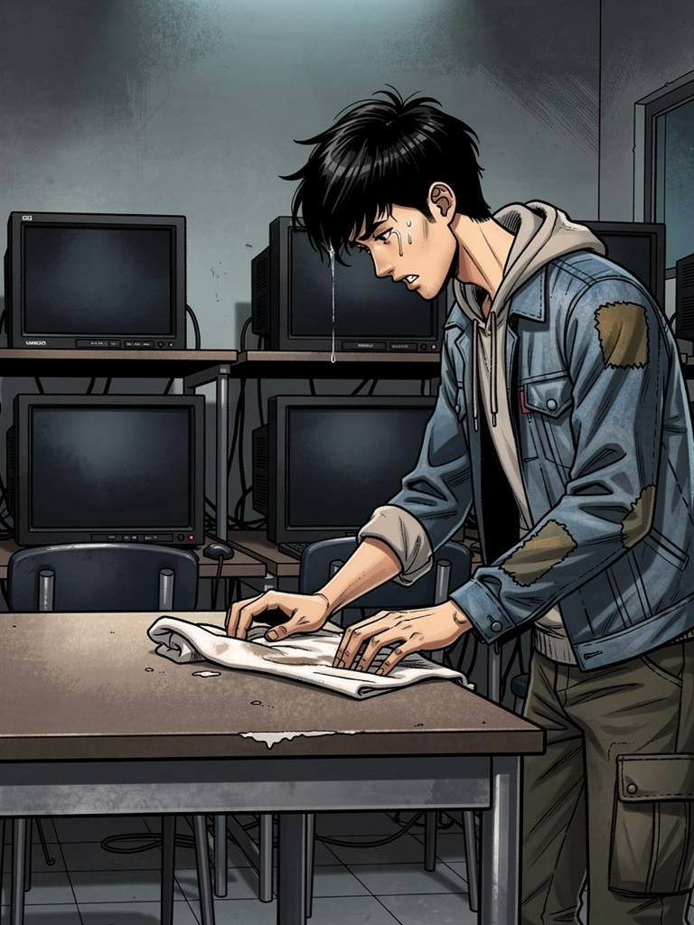 赵明的夏天 — page 2 panel 2: 深夜,网吧里只剩下零星几个顾客,赵明独自一人,疲惫地擦拭着桌椅,汗水打湿了发梢。