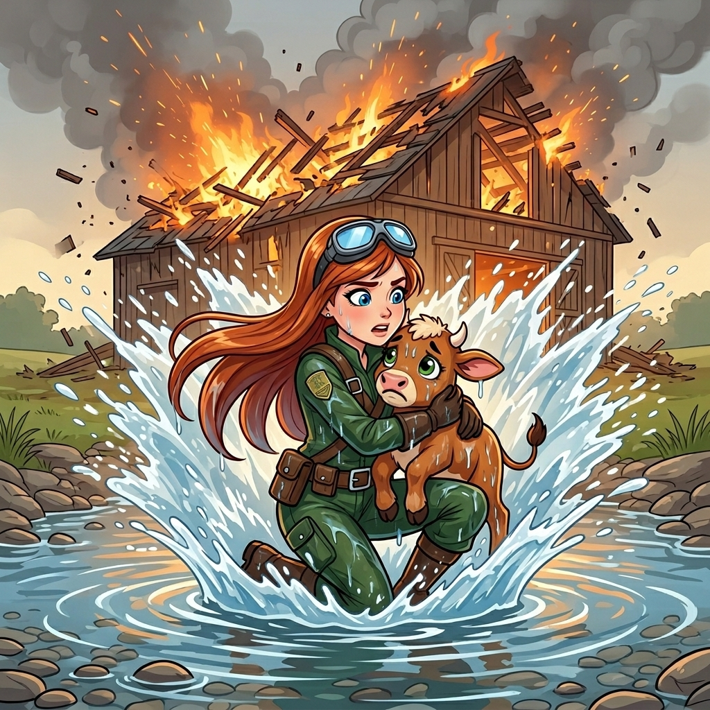 Skye the Sky-Rider: Barn Fire — page 2 panel 2: Skye lands with a triumphant splash in the shallow creek, moments before the barn roof completely collapses behind her in a dramatic fiery roar.
