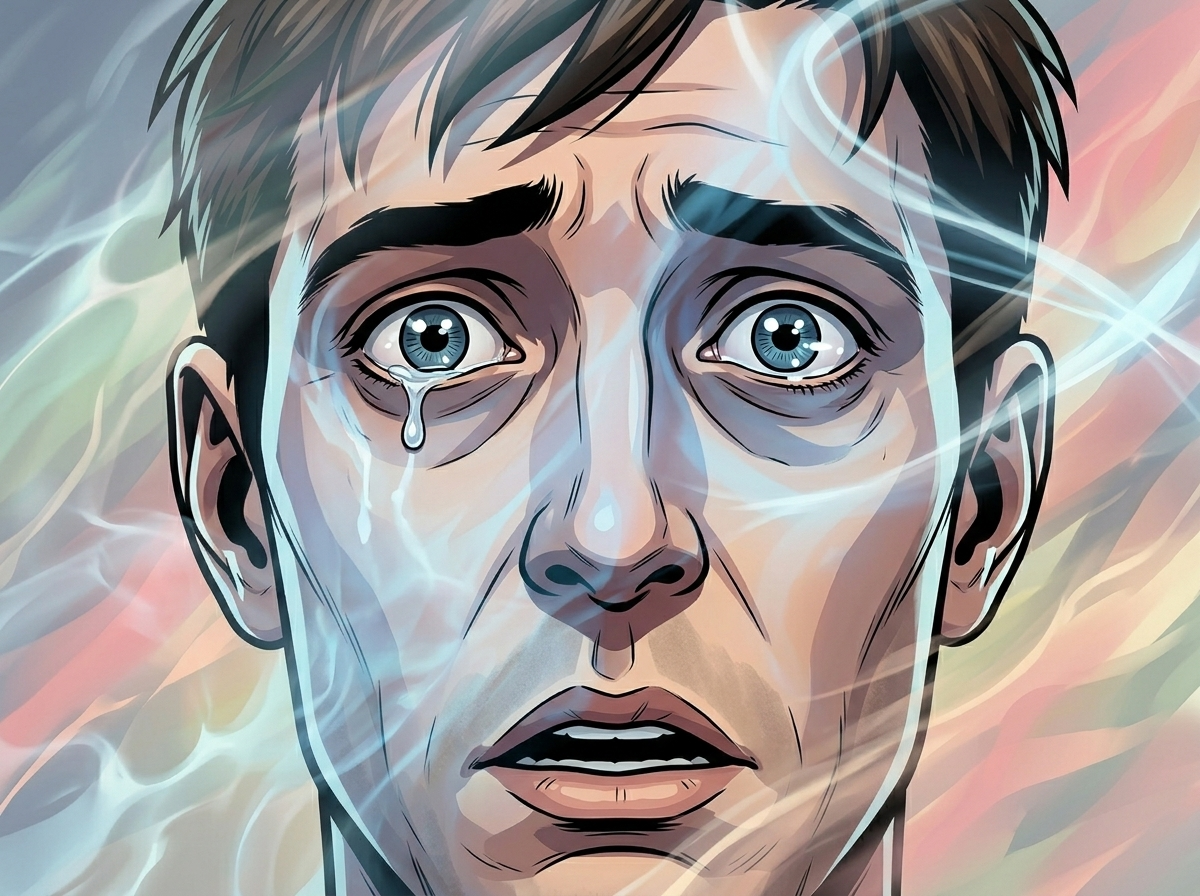 The Ghost Leg and the Coming Storm — page 2 panel 2: A tight close-up on Andrew's face. The question hits him hard, stripping away his prepared defenses. He struggles to form a response, the usual platitudes feeling like sawdust.