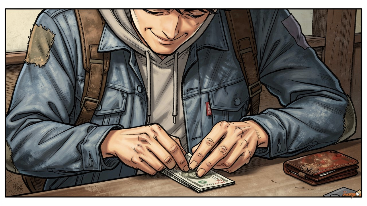 赵明的夏天 — page 2 panel 4: 赵明在休息时间,小心翼翼地数着攒下的钱,眼神中充满了希望和满足。