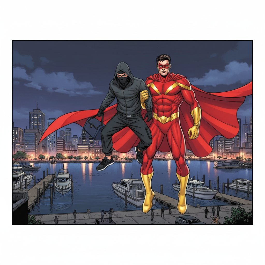 Crimson Comet: Harbor Heist — page 2 panel 4: Comet holds the stunned thief firmly, suspended in the air. The thief's bag is empty, the jewels now recovered. Defeat washes over the thief as Comet's grip is inescapable.