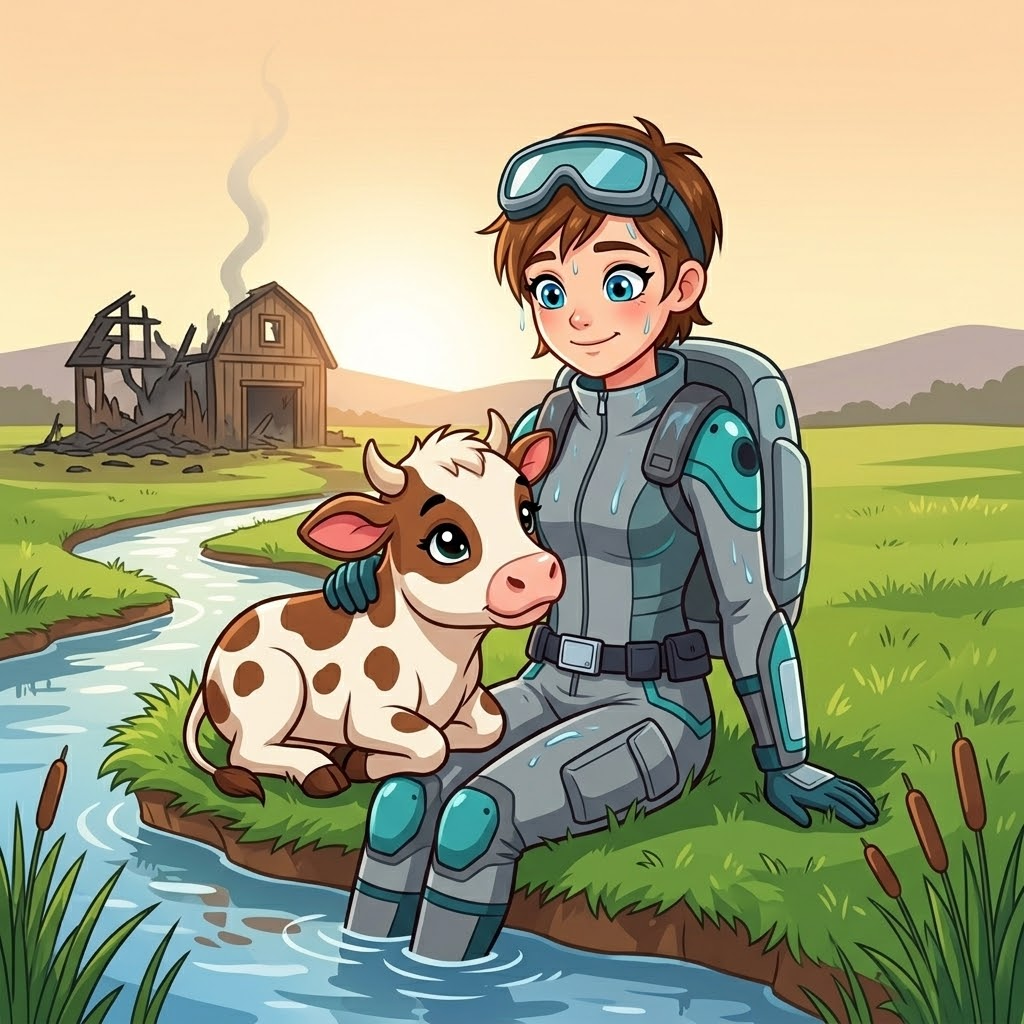 Skye the Sky-Rider — page 2 panel 4: Skye sits on the creek bank, exhausted but safe, the calf nuzzling against her. The smoldering ruins of the barn are a stark reminder of the danger averted, but life has been saved.