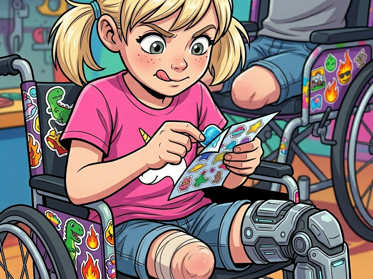 The Ghost Leg and the Coming Storm — page 2 panel 4: Emma, with intense concentration, peels an Elsa sticker from a sheet. Her small fingers struggle with the backing, tongue poking out, as she prepares to offer it to Andrew.