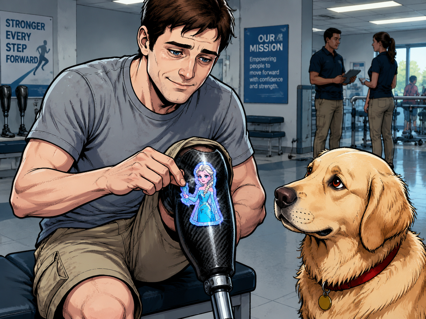 The Ghost Leg and the Coming Storm — page 2 panel 5: Andrew accepts the Elsa sticker and presses it onto the sleek carbon fiber of his prosthetic. A small, genuine smile touches his lips, a rare expression. Watson watches from nearby, thumping his tail once.