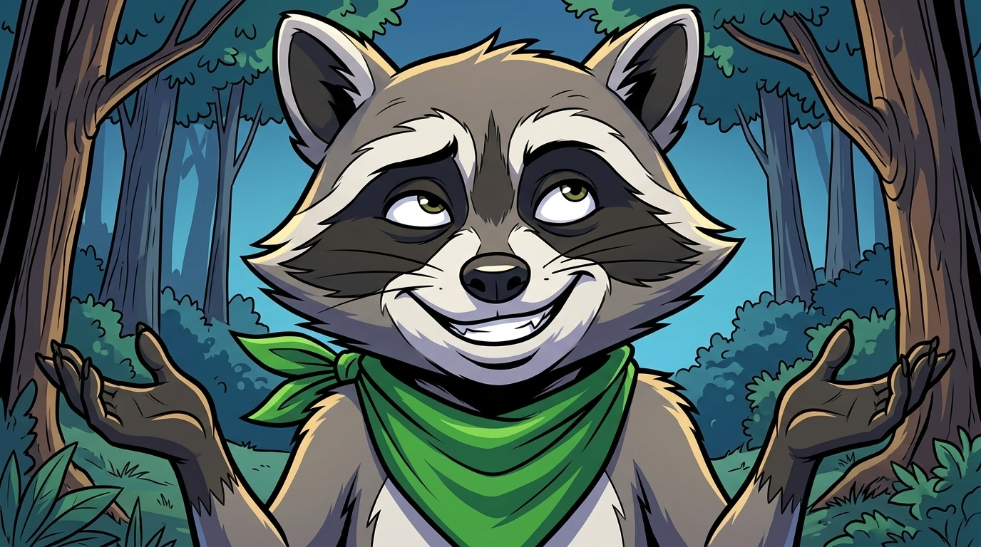 The Burn Pile Council — page 2 panel 1: Bandit rolls his eyes and shrugs, completely unbothered by the lecture.