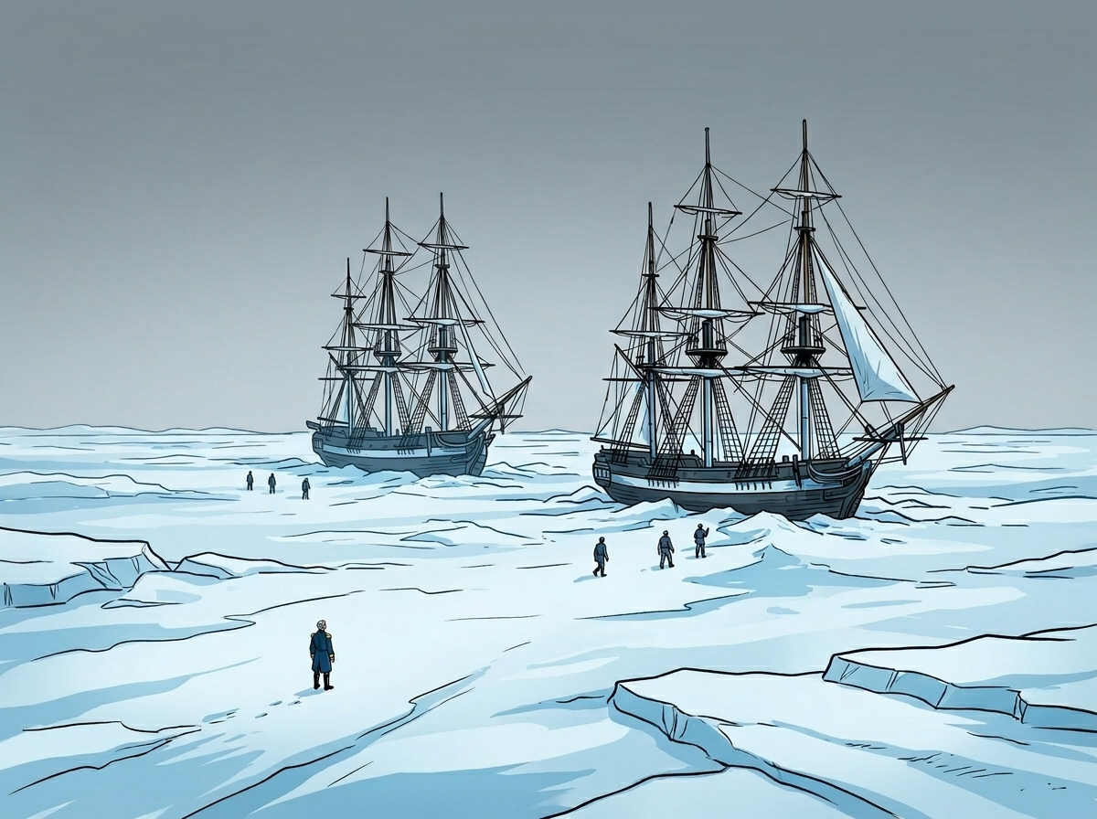 The Man Who Outlived the Ice — page 2 panel 1: The ships are now completely entombed in a vast, silent expanse of ice, dwarfed by the desolate Arctic landscape. The scene feels truly isolated and hopeless.