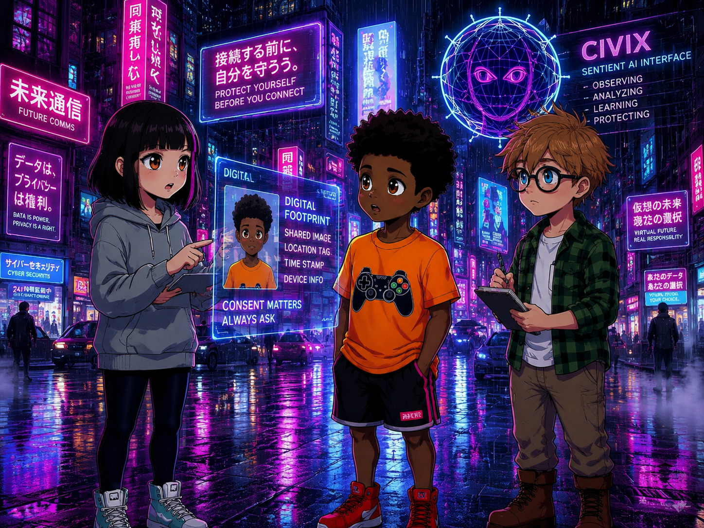 The Digital Defenders: CIVIX Adventure — page 2 panel 1: The trio huddles, discussing the concept of digital footprint and consent. Maya points at the floating photo, explaining the importance of asking permission.
