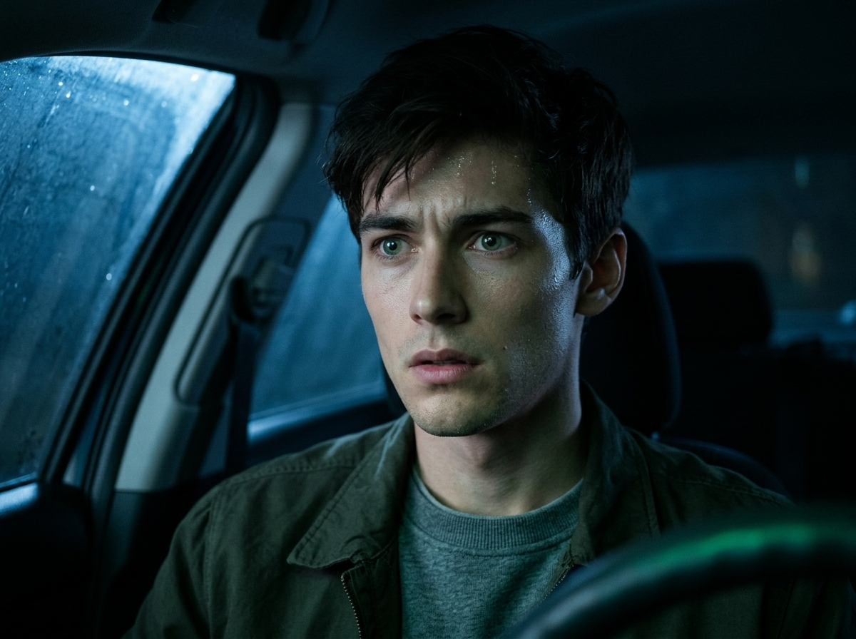 Things That Wait — page 2 panel 1: Close-up on Leo's face behind the wheel. His eyes are wide with sudden tension, trying to rationalize what he is seeing.