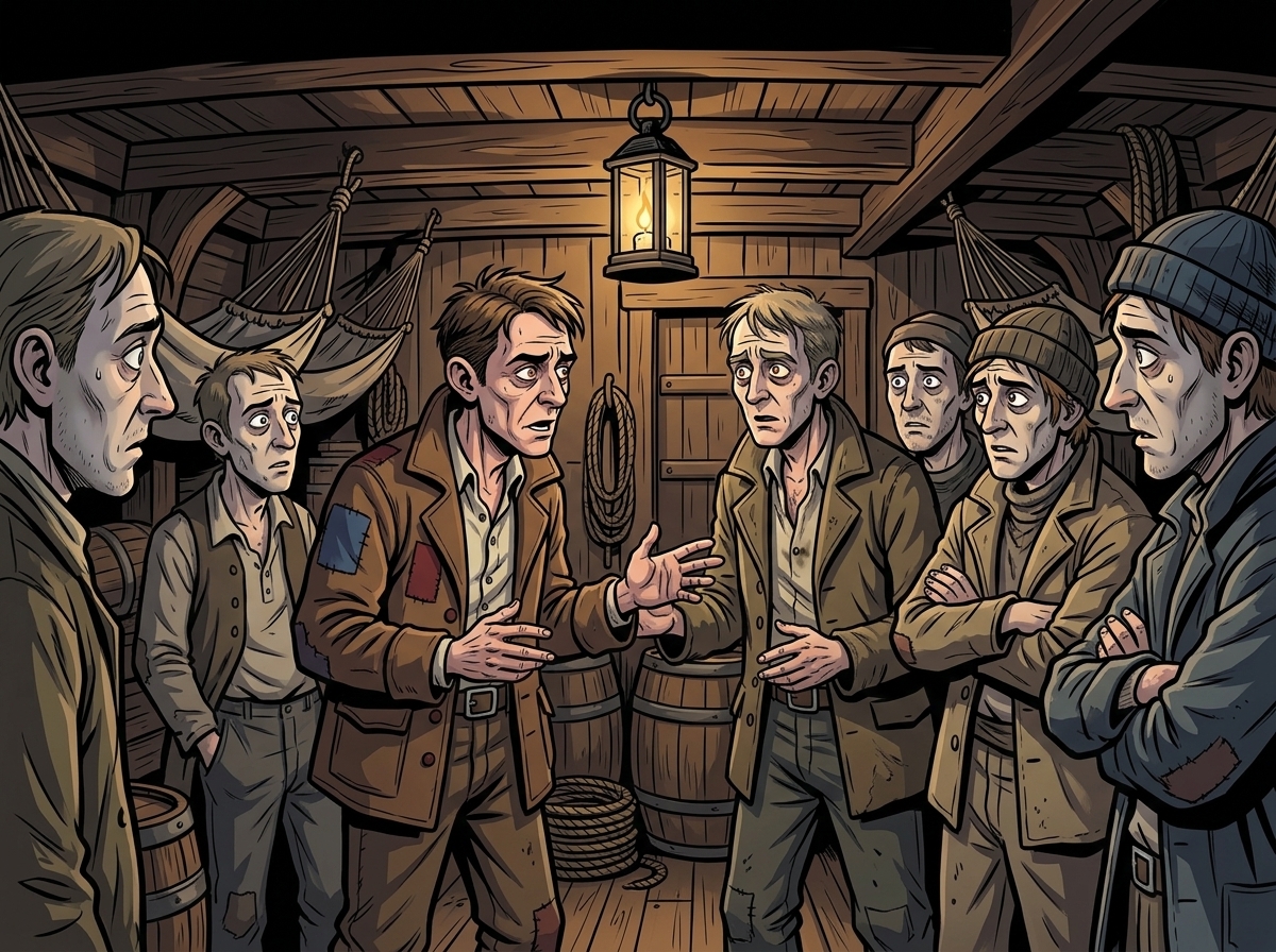 The Man Who Outlived the Ice — page 2 panel 2: Below deck, a group of weary crewmen huddle around a flickering lantern, their faces etched with fear and desperation as one of them recounts a chilling story.