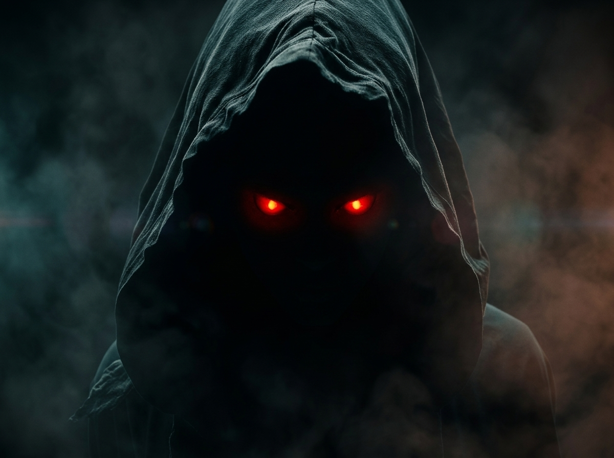 Things That Wait — page 2 panel 2: Extreme close-up on the hooded figure's face. Deep within the shadow of the hood, two glowing red eyes burn through the dark mist.