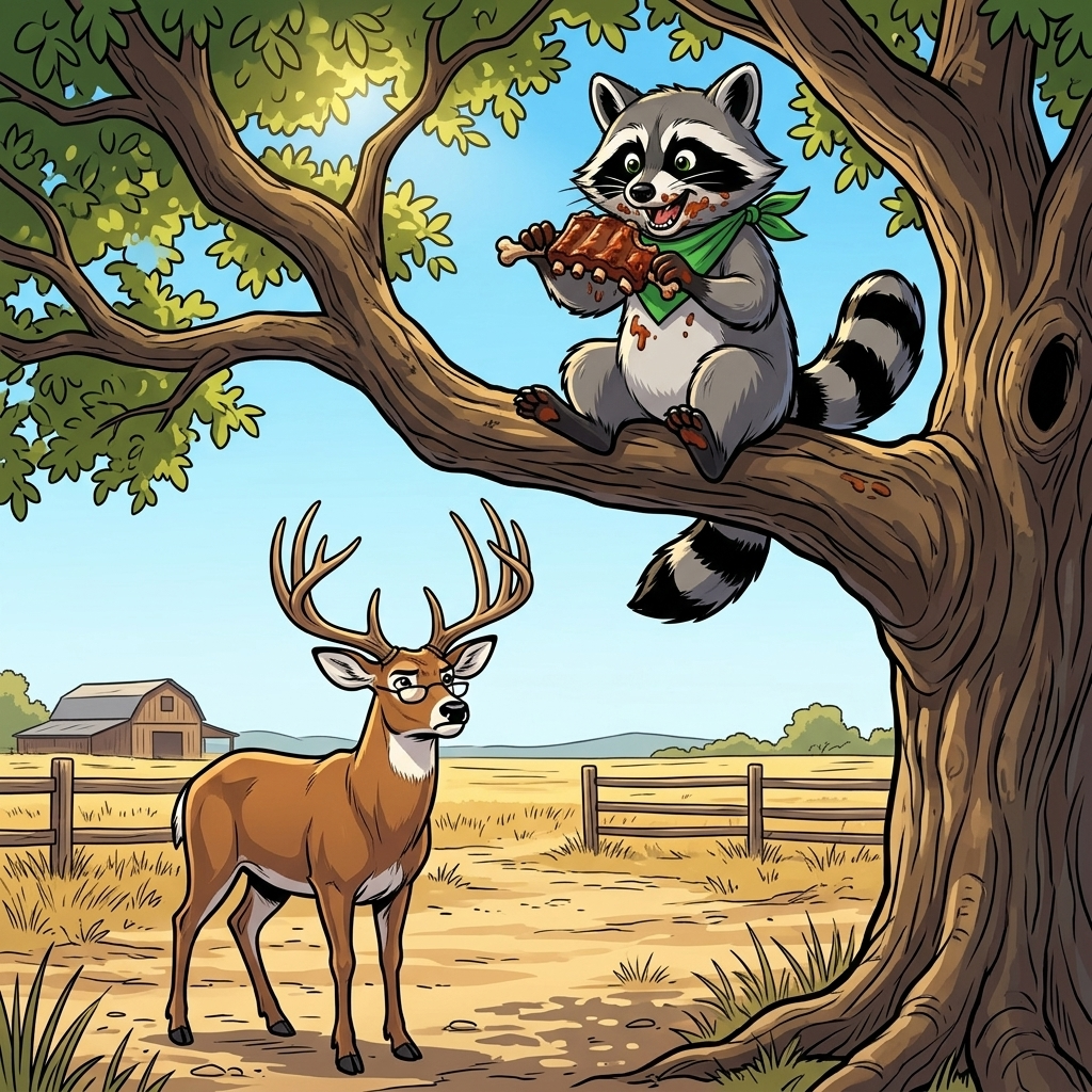 The Burn Pile Council — page 2 panel 3: The next day under the bright sun. Bandit is up in an oak tree branch, happily eating a juicy, barbecued rib he stole, completely ignoring his sentence.
