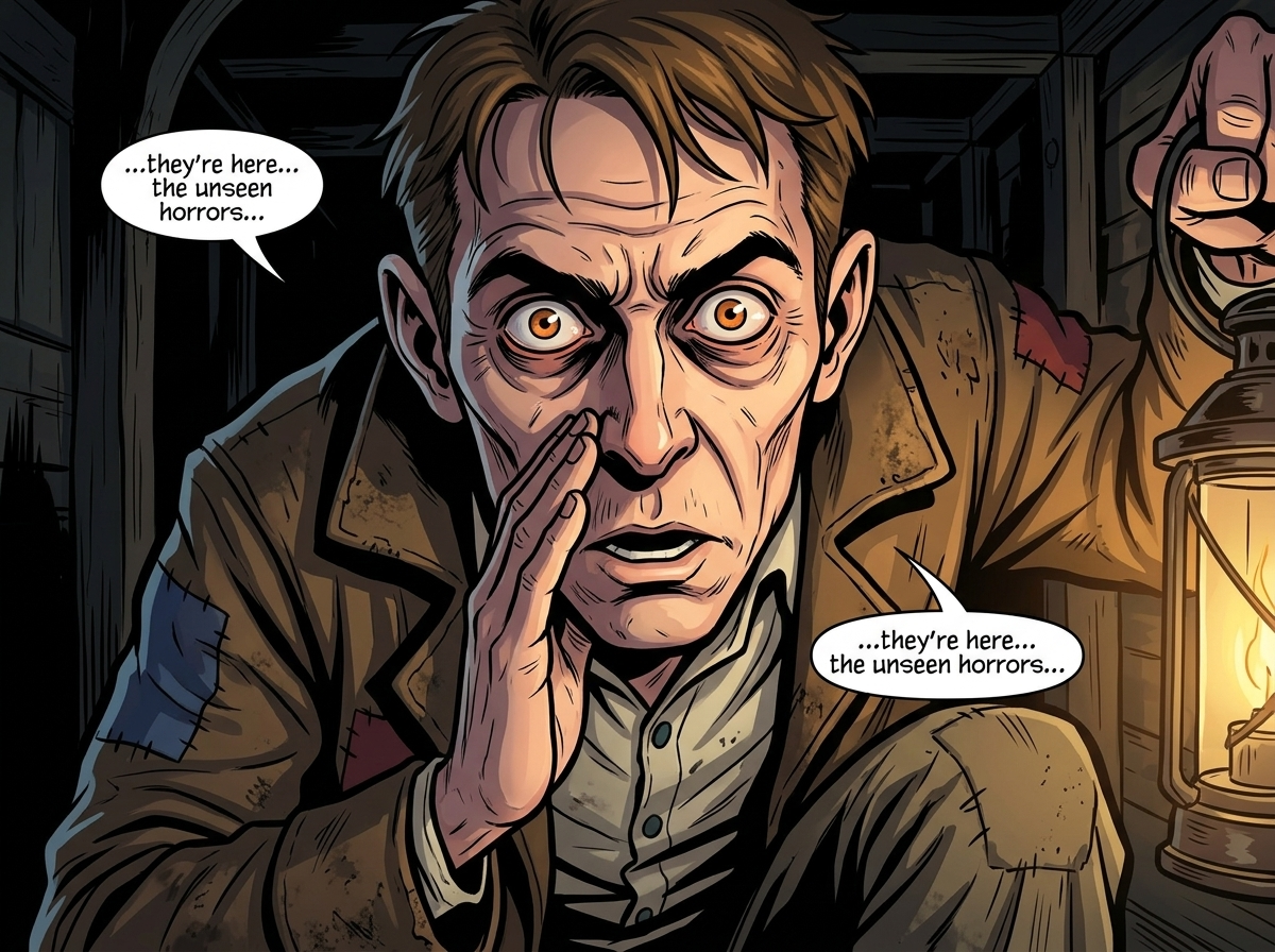 The Man Who Outlived the Ice — page 2 panel 3: A close-up on Crewman Thomas's face, his eyes wide with a mixture of terror and fascination as he speaks of the 'Thing in the dark'.