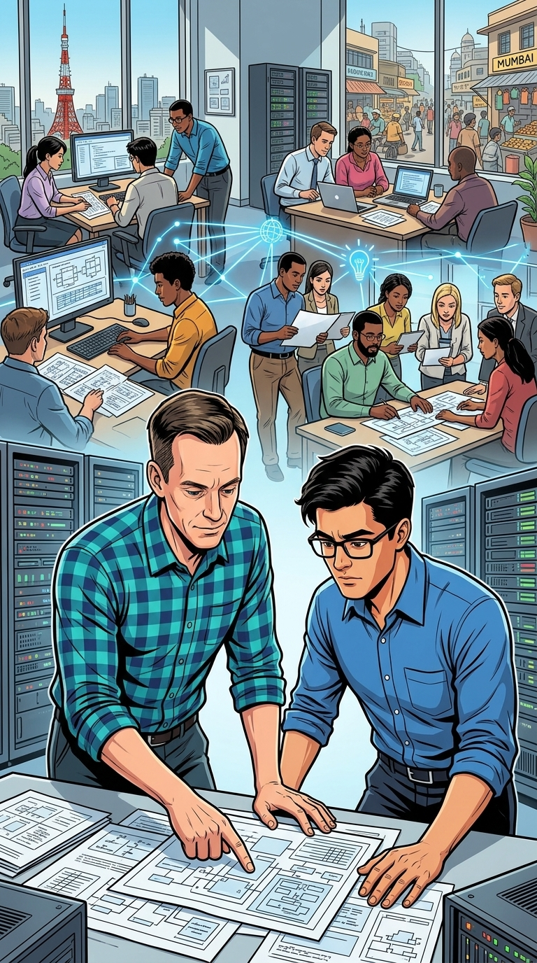 The Man Who Built Google's Brain — page 2 panel 3: The papers spread through the engineering world. Developers in different offices study printed pages and diagrams, realizing the architecture of large-scale systems has changed.