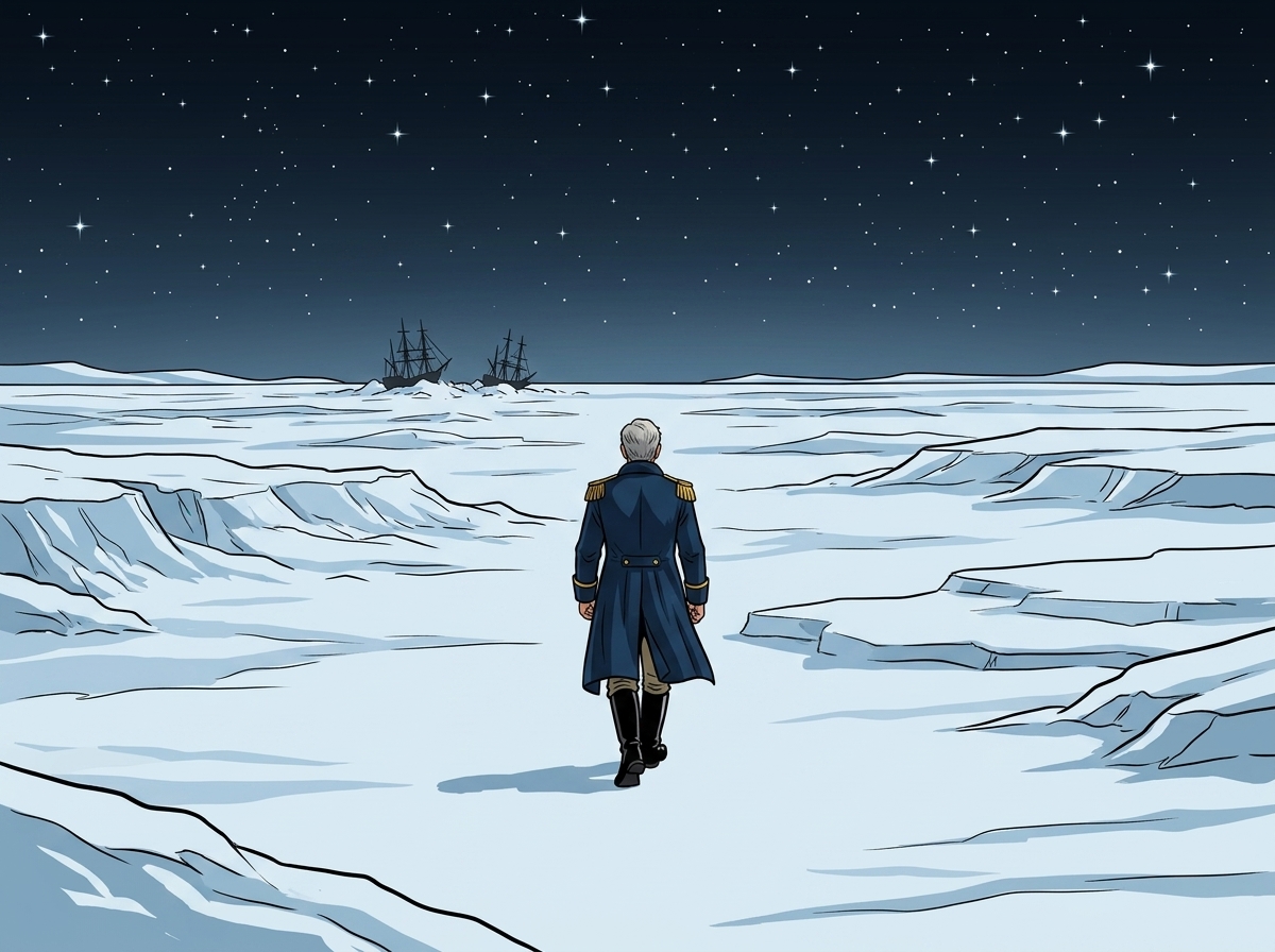 The Man Who Outlived the Ice — page 3 panel 1: Sir John Franklin walks alone into the vast, silent, star-dusted Arctic night, a tiny, solitary figure against the overwhelming expanse of ice. The stars burn like shards of glass.