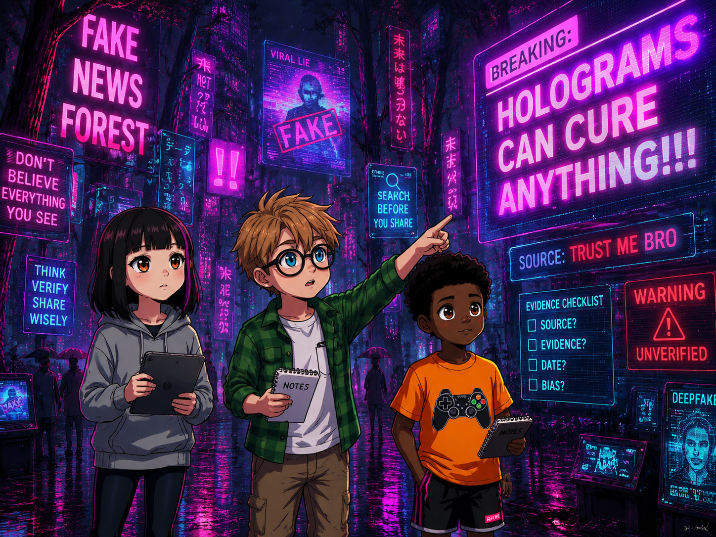 The Digital Defenders: CIVIX Adventure — page 3 panel 2: Sam, with his analytical mind, points to the absurd headline and explains how to check sources, dates, and evidence, highlighting the lack of credible information.