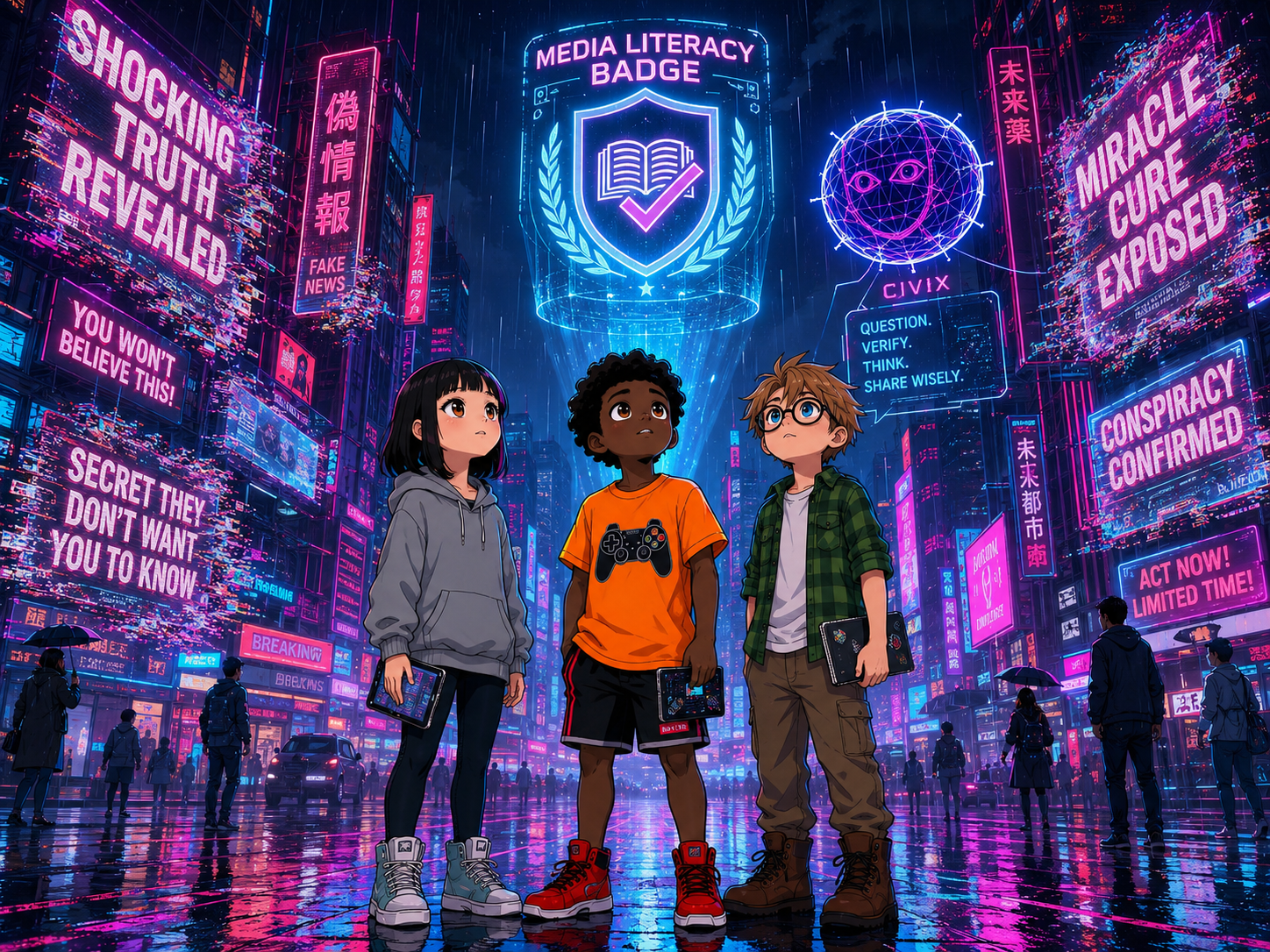 The Digital Defenders: CIVIX Adventure — page 3 panel 3: Working together, the trio uses their combined critical thinking to debunk the fake news. The misleading headlines around them flicker and fade. CIVIX awards the 'Media Literacy Badge.'