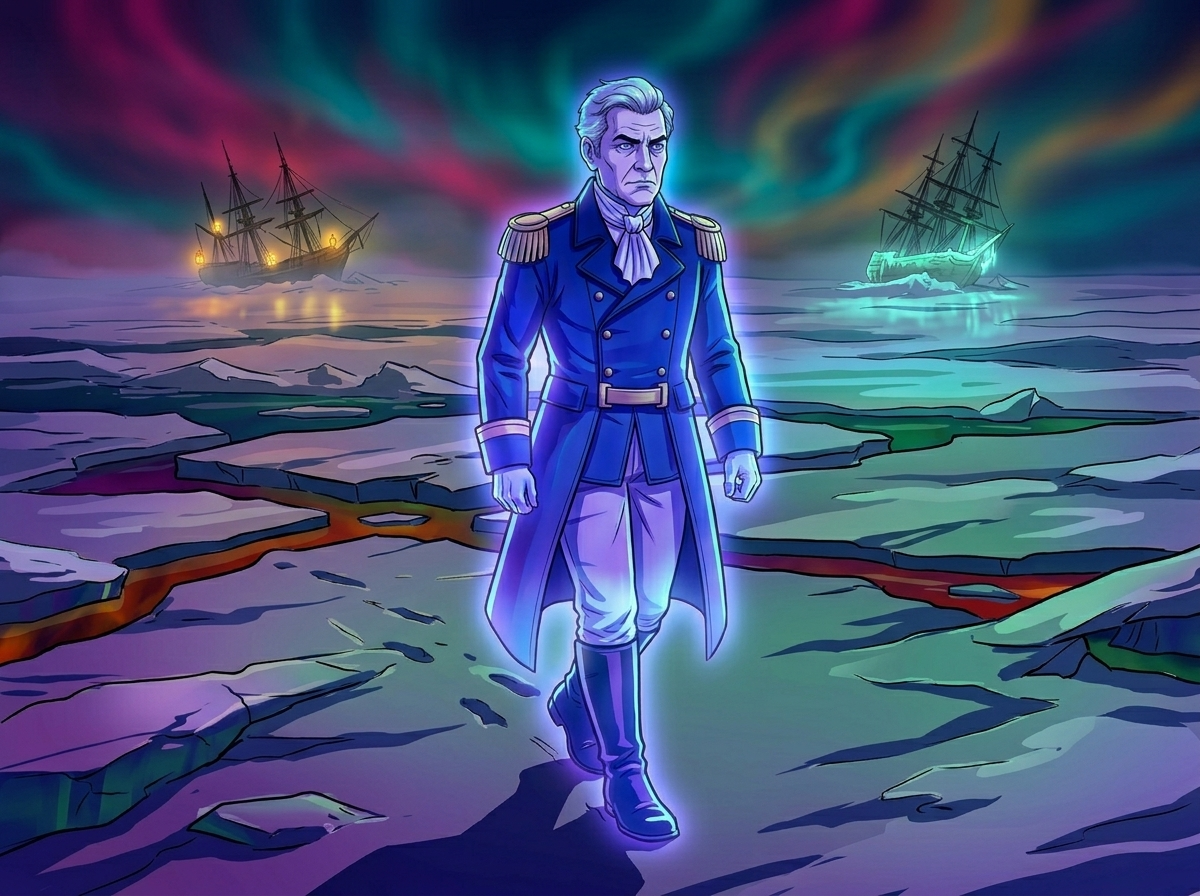 The Man Who Outlived the Ice — page 3 panel 4: A ghostly, transparent Sir John Franklin continues to walk across the endless ice, his form ethereal, the wrecks of his ships barely visible in the distant, icy haze.