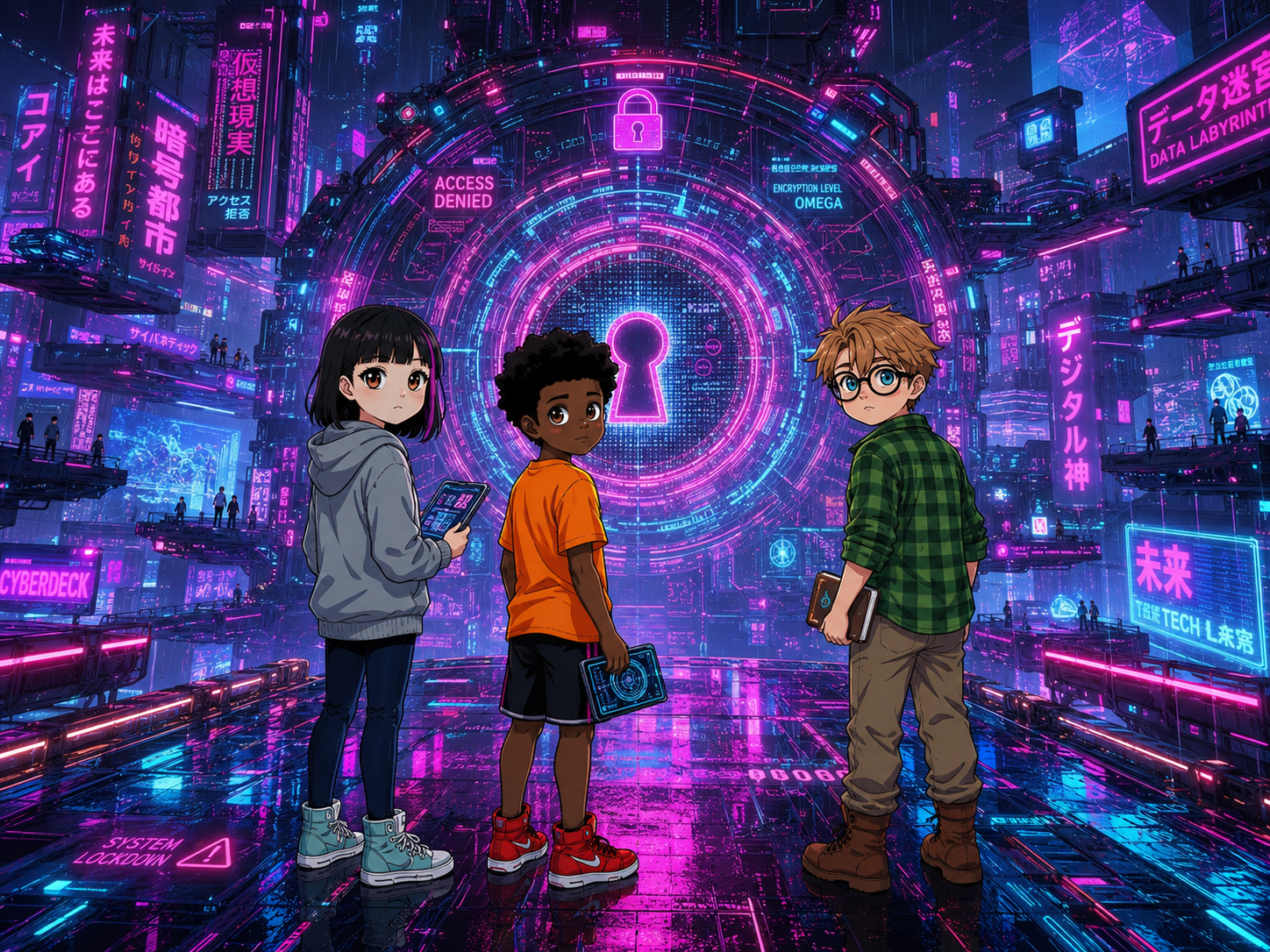 The Digital Defenders: CIVIX Adventure — page 3 panel 4: The landscape shifts again, revealing a massive, intricate digital lock blocking their path. Its glowing keyhole pulses with complex patterns.