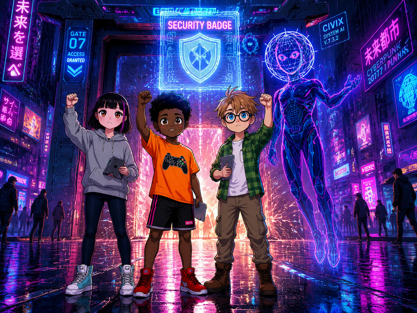The Digital Defenders: CIVIX Adventure — page 3 panel 6: With a final click, the massive digital lock disengages with a satisfying thrum. The gate behind it slides open. CIVIX awards them the 'Security Badge.'