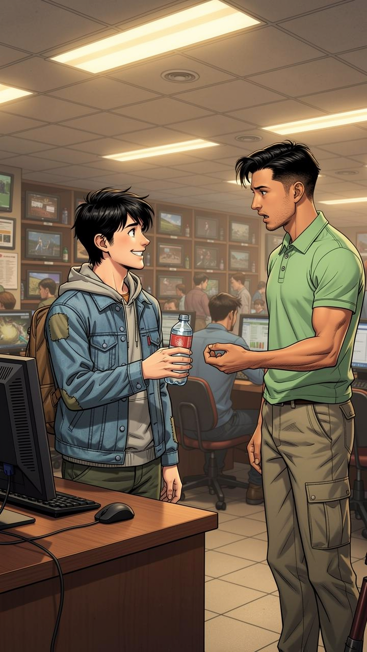 赵明的夏天 — page 3 panel 1: 赵明的朋友小李来到网吧看他,递给他一瓶水,眼神中带着关心。