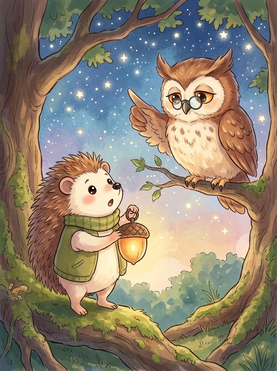 Pip and the Beautiful Dark — page 3 panel 1: Pip meets Barnaby the Owl up in a majestic oak tree, who points up at the twinkling stars.