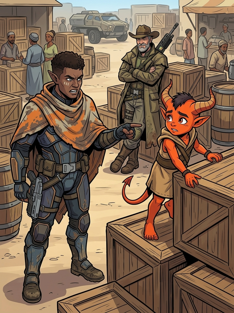 Altir's Fall — page 3 panel 2: Zilla notices tiefling younglings, including Desmond, playing dangerously on stacked crates.
