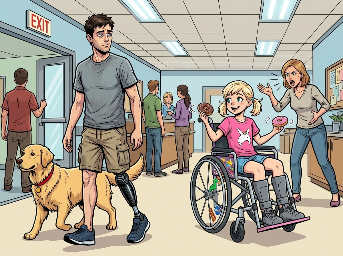 The Ghost Leg and the Coming Storm — page 3 panel 3: Later, Andrew leaves the center, passing Emma who is now joyfully spinning donuts in her wheelchair, her mother yelling to slow down. Andrew feels a pang of envy for her unapologetic movement.