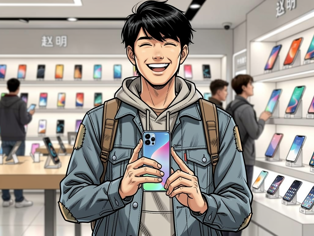 赵明的夏天 — page 3 panel 4: 赵明终于在手机店里,小心翼翼地拿起一部崭新的手机,脸上洋溢着无法抑制的喜悦。