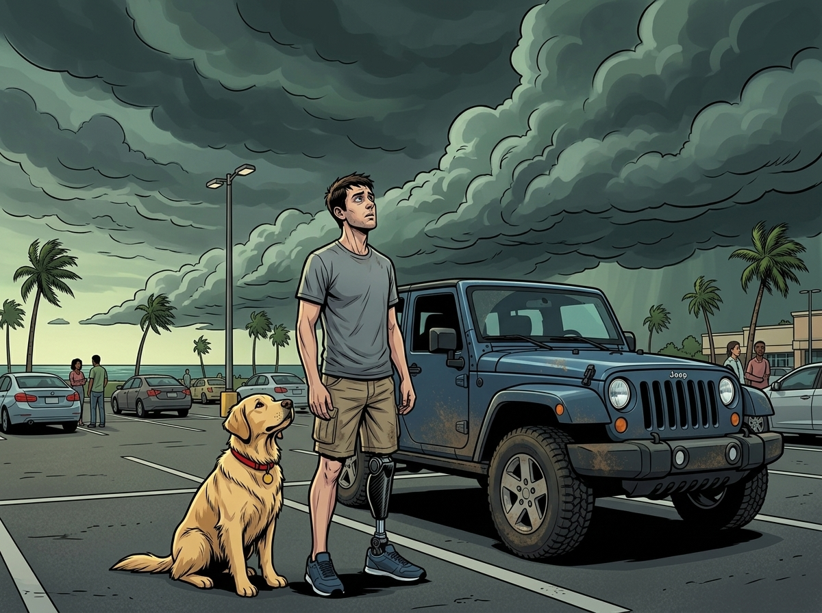 The Ghost Leg and the Coming Storm — page 3 panel 4: Outside, the Florida air is thick and heavy. Ominous grey-green clouds gather over the Gulf, signaling Hurricane Milton's approach. Andrew's phantom limb begins to pulse with a low, insistent thrum.