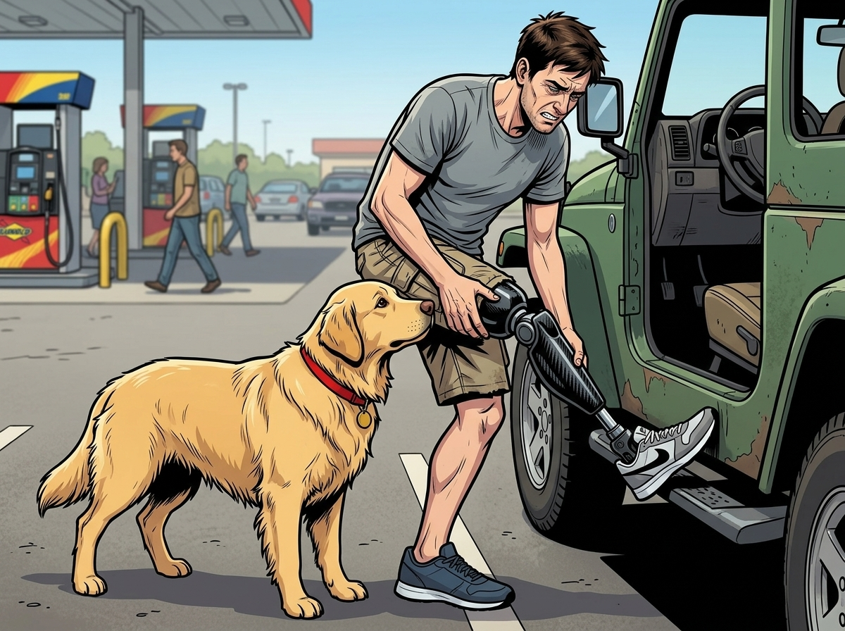 The Ghost Leg and the Coming Storm — page 3 panel 6: Andrew pulls into a Sunoco parking lot to adjust his prosthetic. The carbon fiber foot catches the door sill, causing a dull, mechanical ache. Watson noses Andrew's leg, not for comfort, but with an alert, careful intensity, as if checking something.
