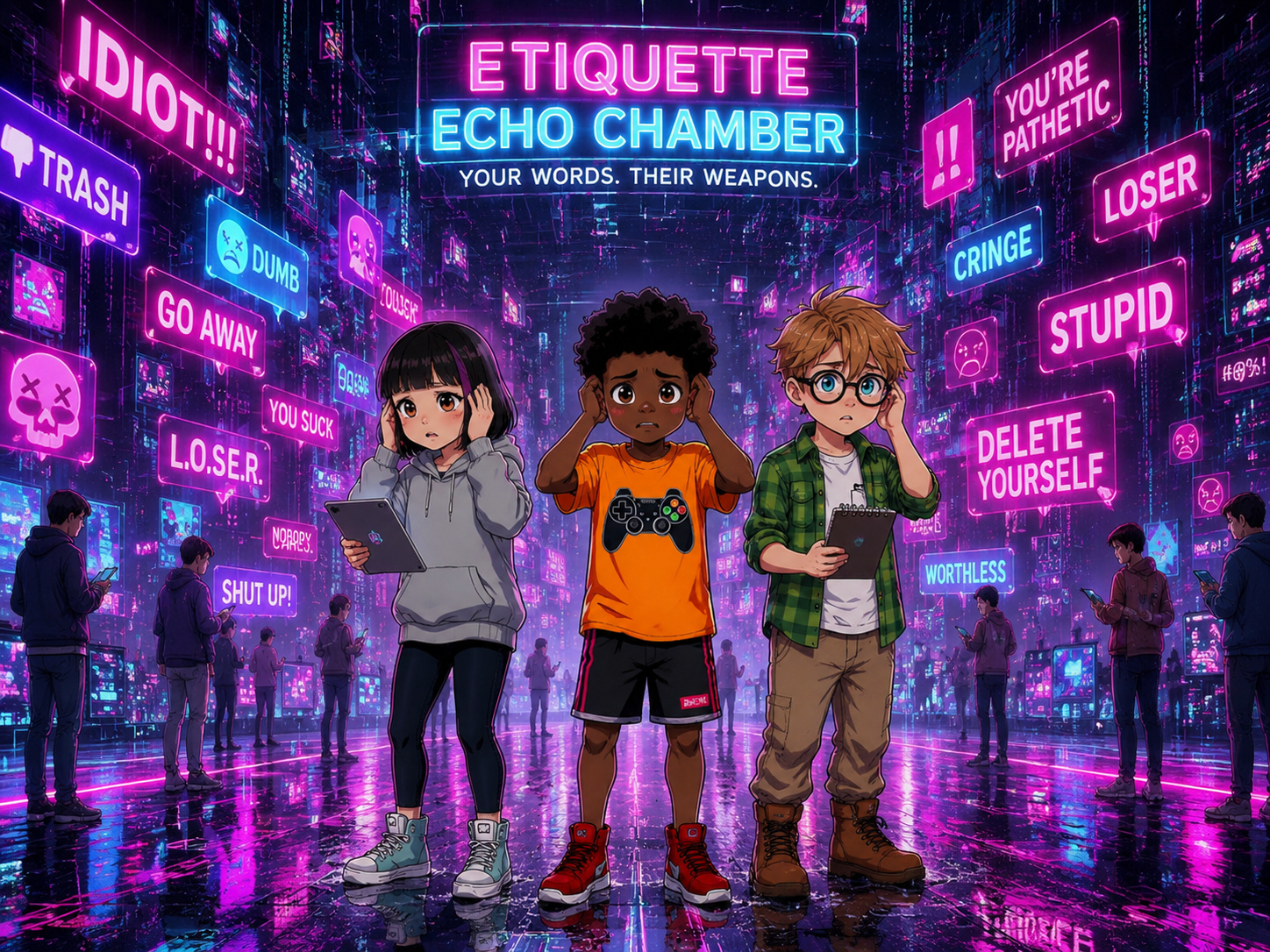 The Digital Defenders: CIVIX Adventure — page 4 panel 1: They enter the 'Etiquette Echo Chamber,' where rude, harsh comments bounce and multiply, creating a cacophony of negativity. The friends wince.