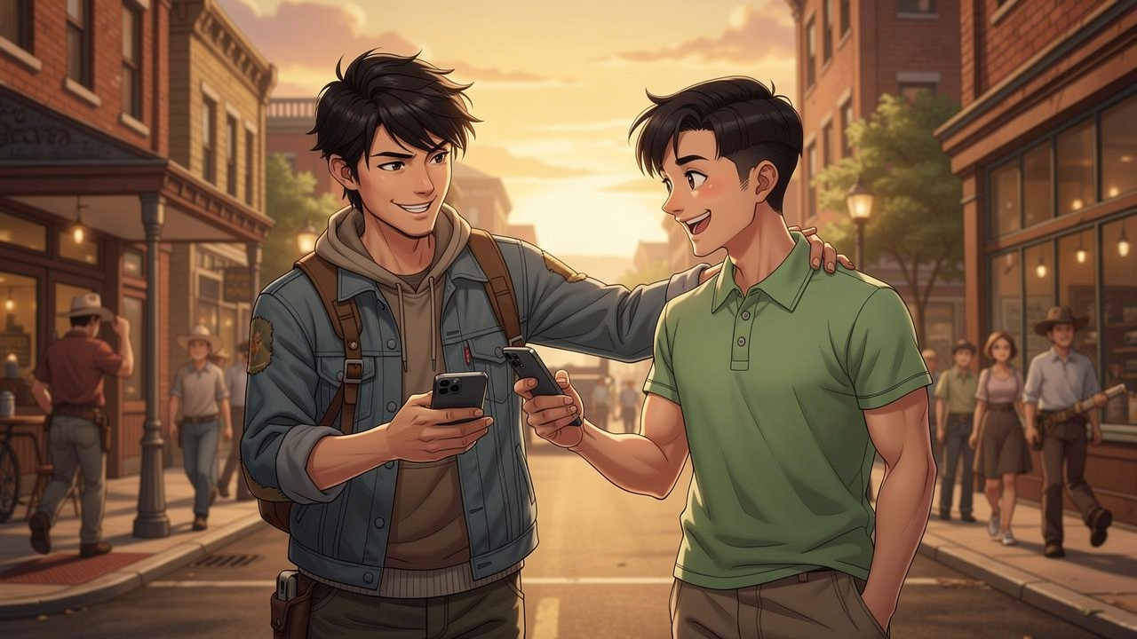 赵明的夏天 — page 4 panel 1: 赵明在街边向小李展示他的新手机,小李为他感到高兴,拍了拍他的肩膀。