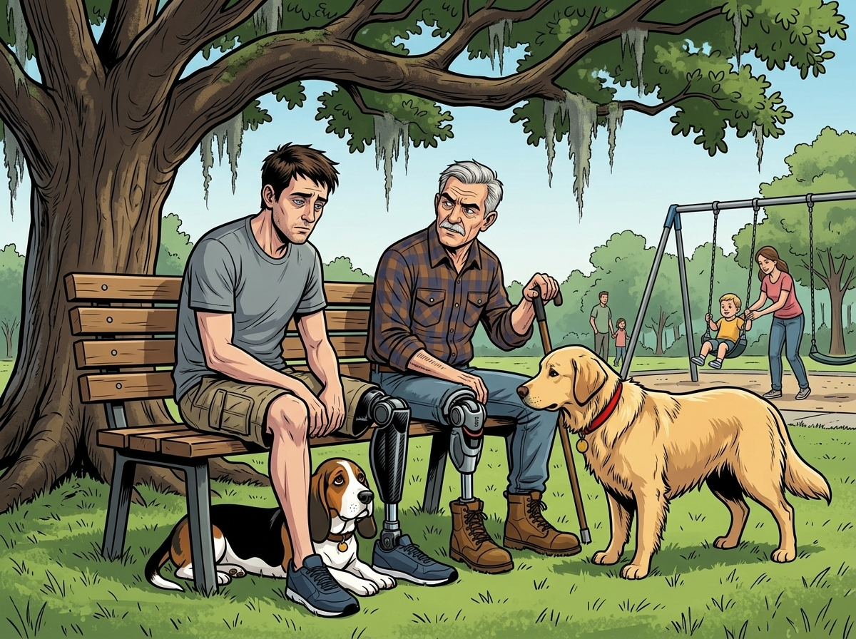 The Ghost Leg and the Coming Storm — page 4 panel 1: Andrew pulls into the county dog park, engine running hot. He finds Hank on their usual bench under a live oak, Ruthie resting beneath. Hank immediately notes Andrew's lack of storm preparation.
