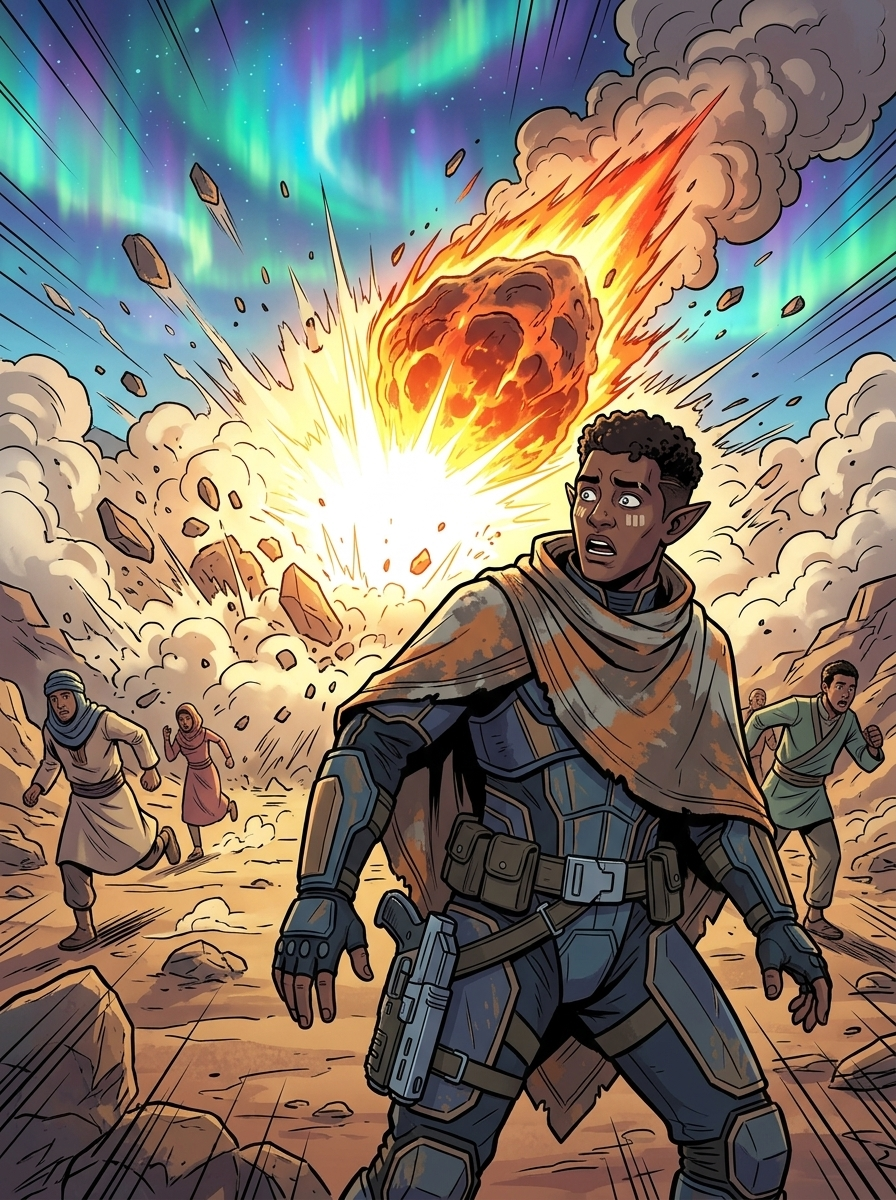 Altir's Fall — page 4 panel 1: An unnatural aurora swirls in the sky as a massive meteor suddenly slams down behind Zilla.