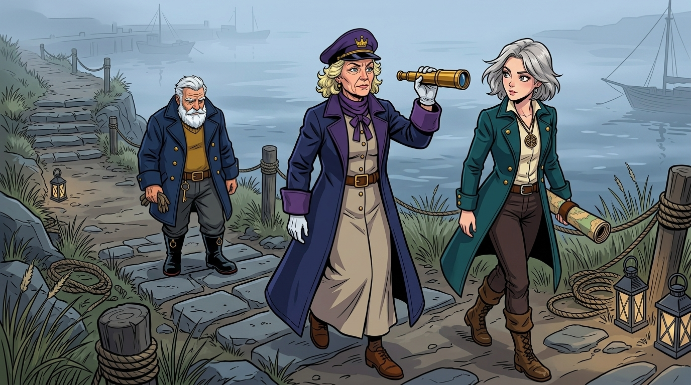 The Moving Sea — page 4 panel 1: The three companions walk down toward the harbor. Mira keeps one hand on her map tube, Tomas carries a storm lantern, and Captain Odessa leads without looking back.