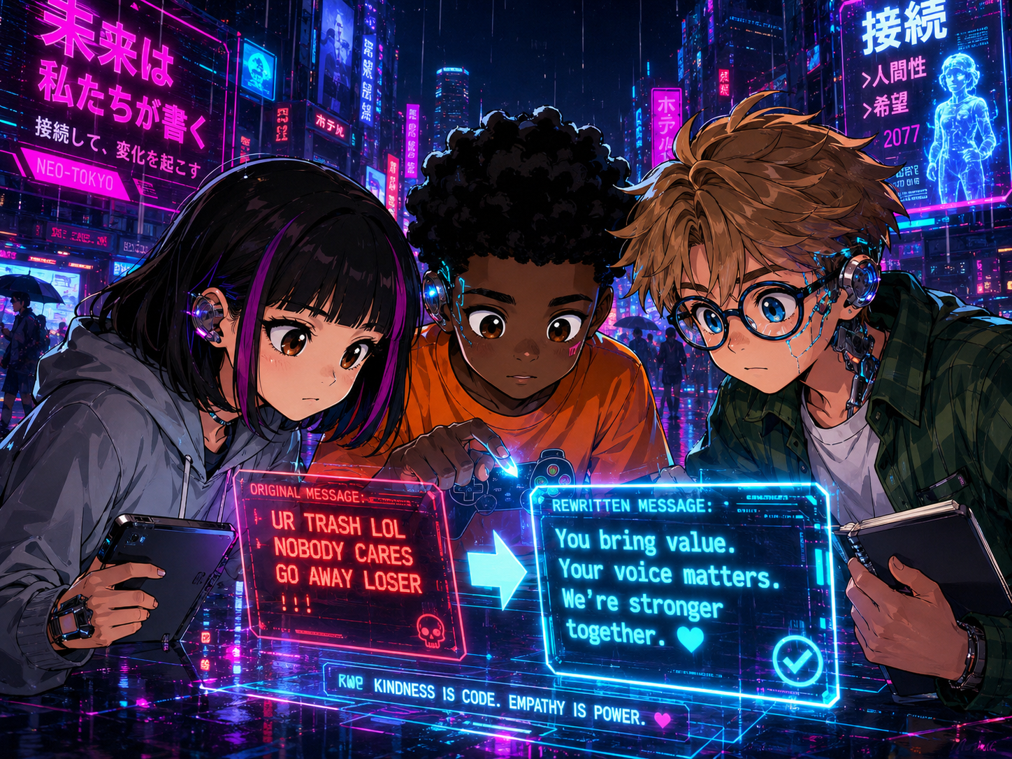 The Digital Defenders: CIVIX Adventure — page 4 panel 2: The trio focuses on a particularly harsh message. Together, they rewrite it into a respectful, constructive one, the words glowing with positive energy as they work.