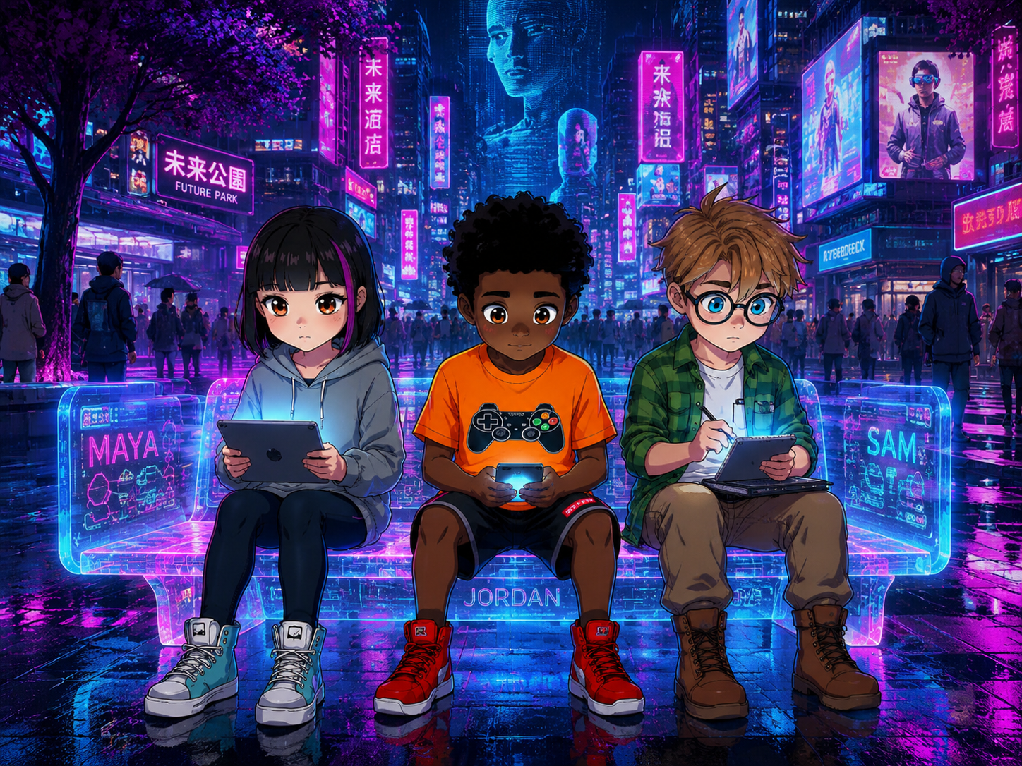 The Digital Defenders: CIVIX Adventure — page 4 panel 6: Back in the real world, the friends sit in the park, their expressions thoughtful and determined. They look at their phones, no longer just devices, but tools for positive change.