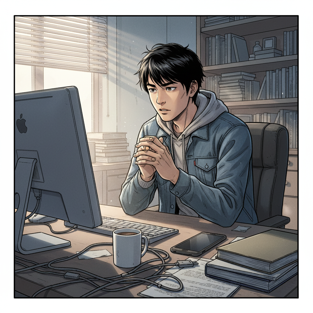 赵明的夏天 — page 4 panel 2: 暑假即将结束,赵明坐在房间里,紧张地盯着电脑屏幕,等待着高考成绩的公布。