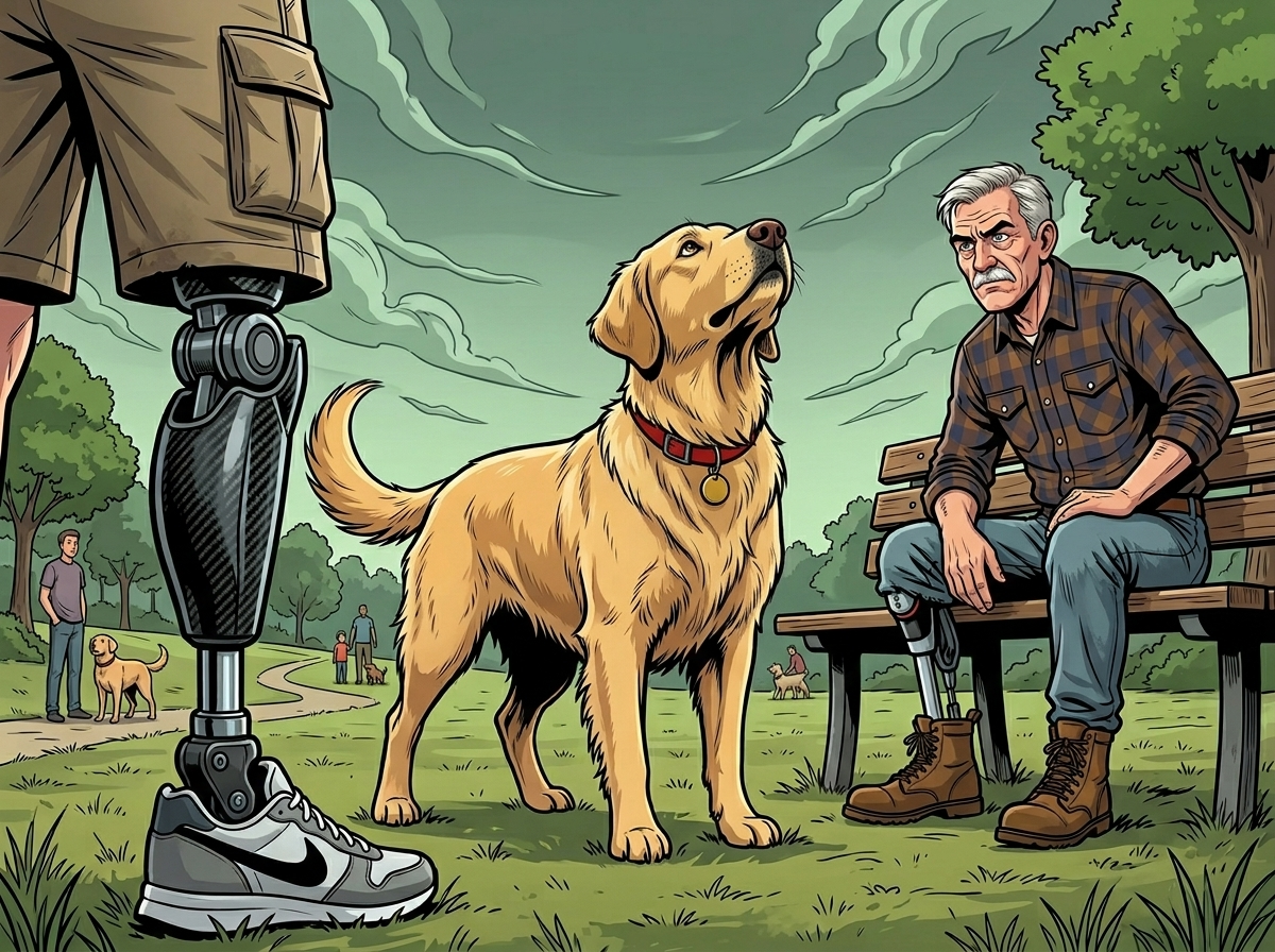 The Ghost Leg and the Coming Storm — page 4 panel 2: Watson stops sniffing Ruthie, facing the sky. He performs his ritual: head to the ominous cloud patch, then to Andrew's right leg, then back to the sky. Hank watches, a frown deepening on his weathered face.