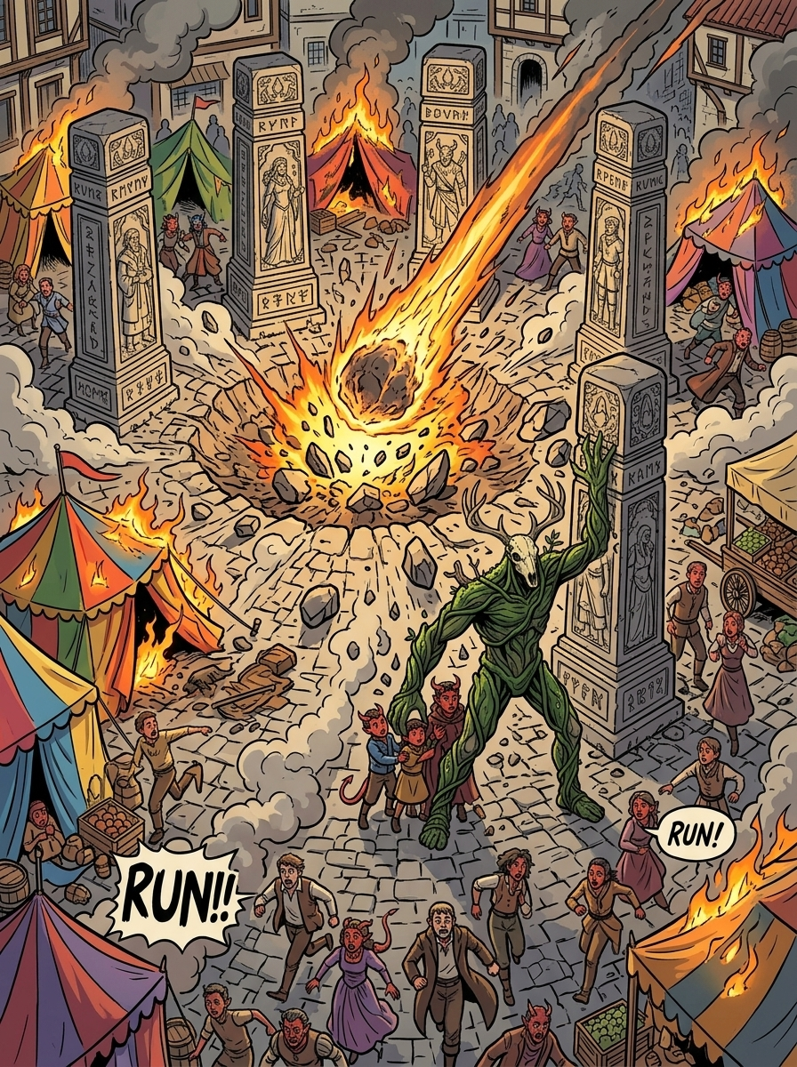 Altir's Fall — page 4 panel 2: The meteor strikes the town center, causing panic and knocking out the festival lights.
