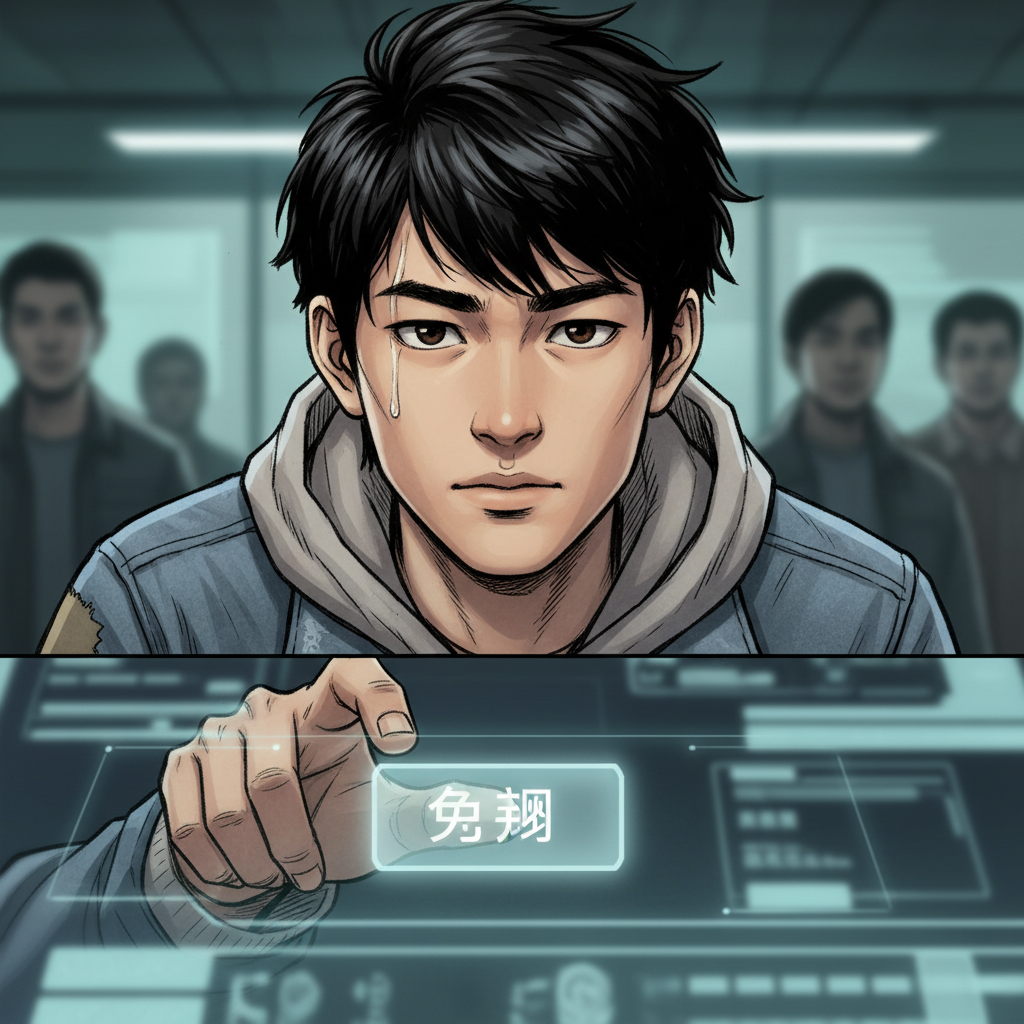 赵明的夏天 — page 4 panel 3: 赵明的脸部特写,汗珠顺着额头滑落,他深吸一口气,点击了查询按钮。