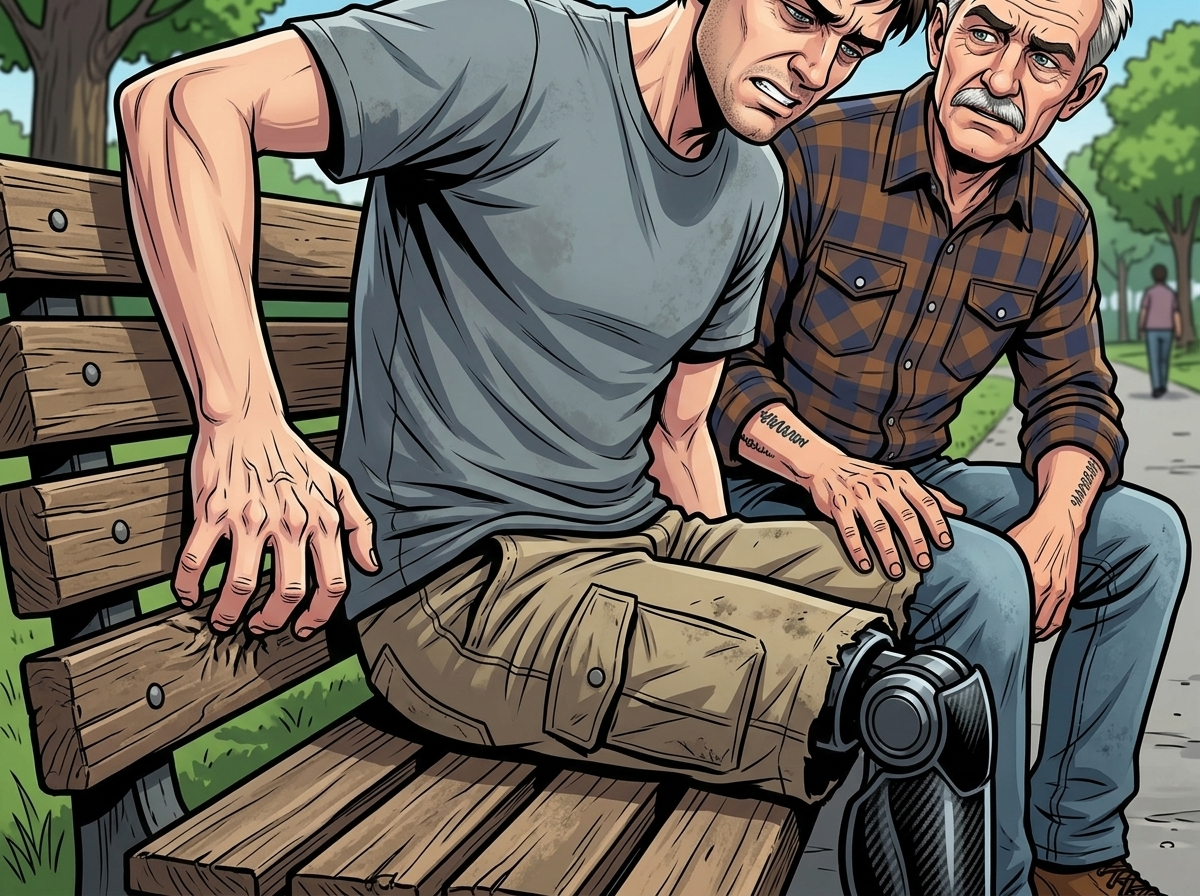 The Ghost Leg and the Coming Storm — page 4 panel 3: Hector spikes, a searing ice-fire in Andrew's absent leg. He digs his fingers into the warm, rough wood of the bench, trying to ground himself. Hank, without looking, registers Andrew's pain.