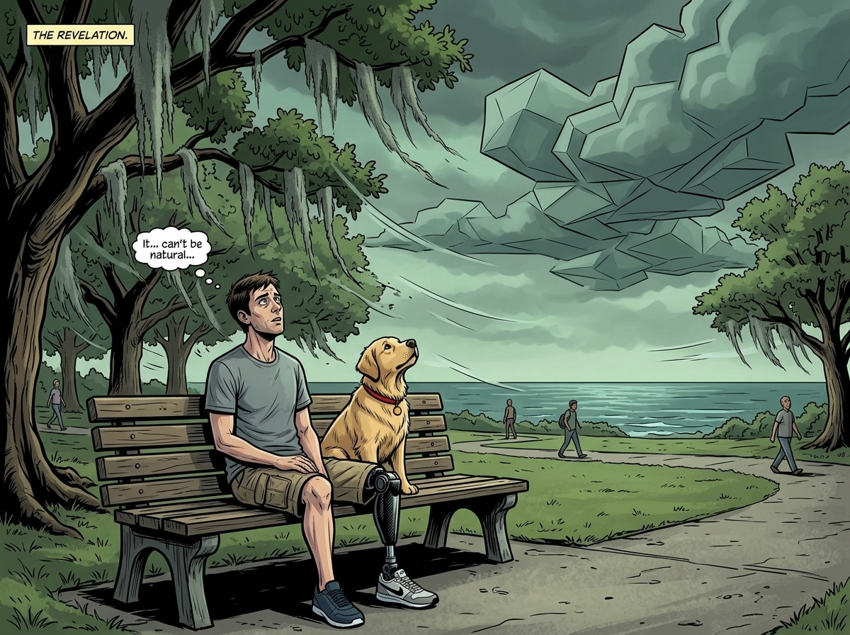 The Ghost Leg and the Coming Storm — page 4 panel 6: Andrew sits alone on the bench, watching the ominous, angular cloud formation over the Gulf. His phantom foot hums, a sustained, directional tone, like a compass needle finding north, pointing at the impossible geometry in the sky. It's time to act.