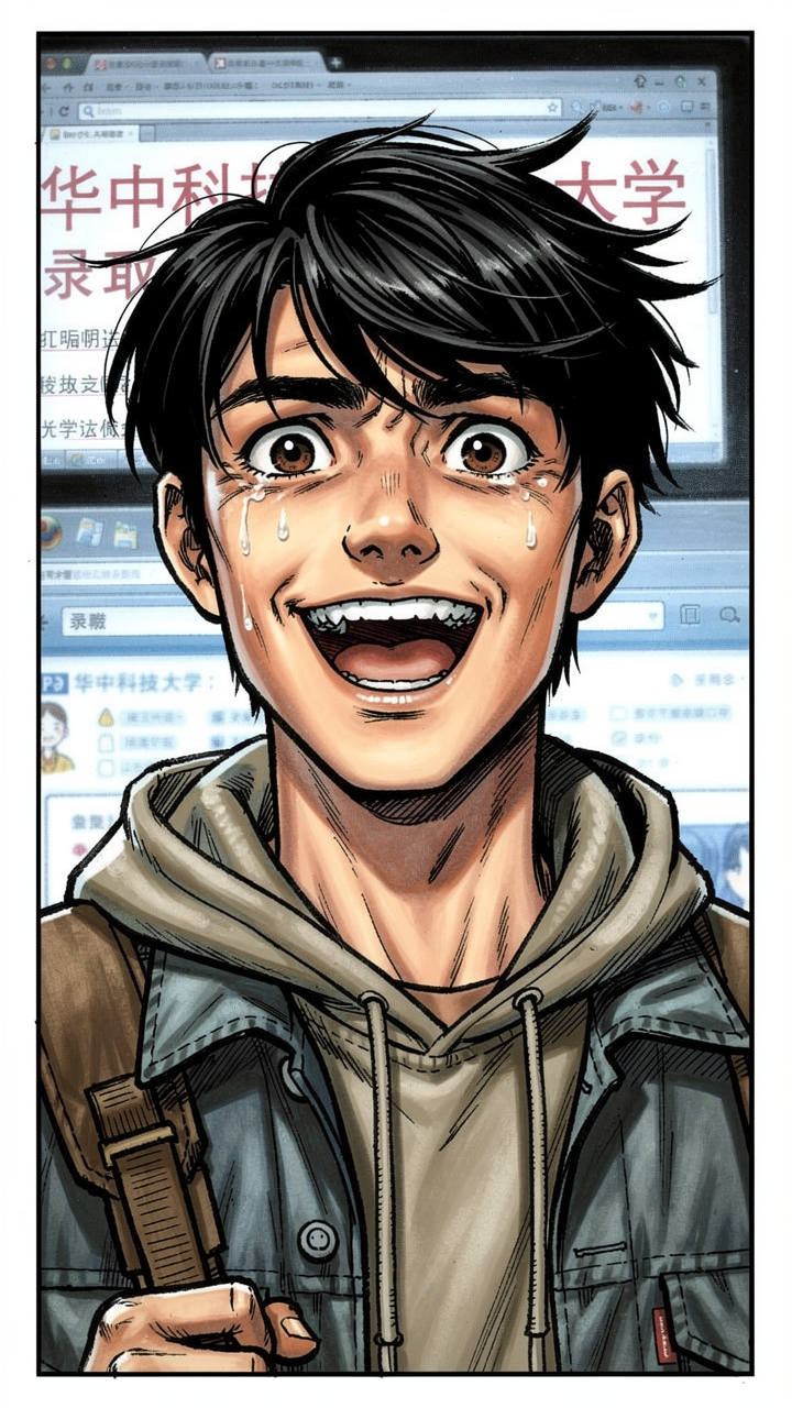赵明的夏天 — page 5 panel 1: 赵明看到屏幕上的成绩和录取信息,先是震惊,随即爆发出一阵巨大的、如释重负的笑容。